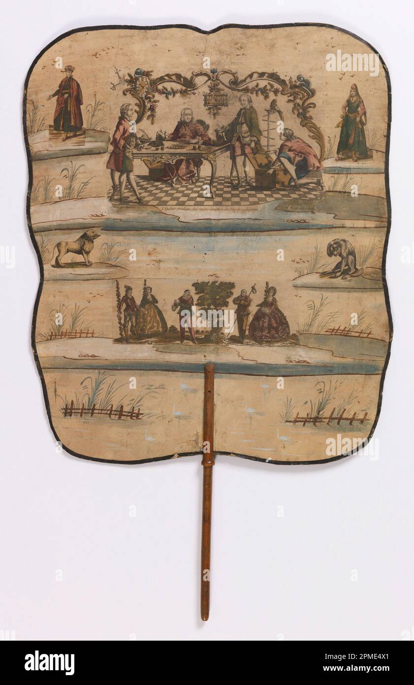 Feuerschutzschirm; Etikett: Handfarbenes, graviertes Papierblatt; Holzstab Stockfoto