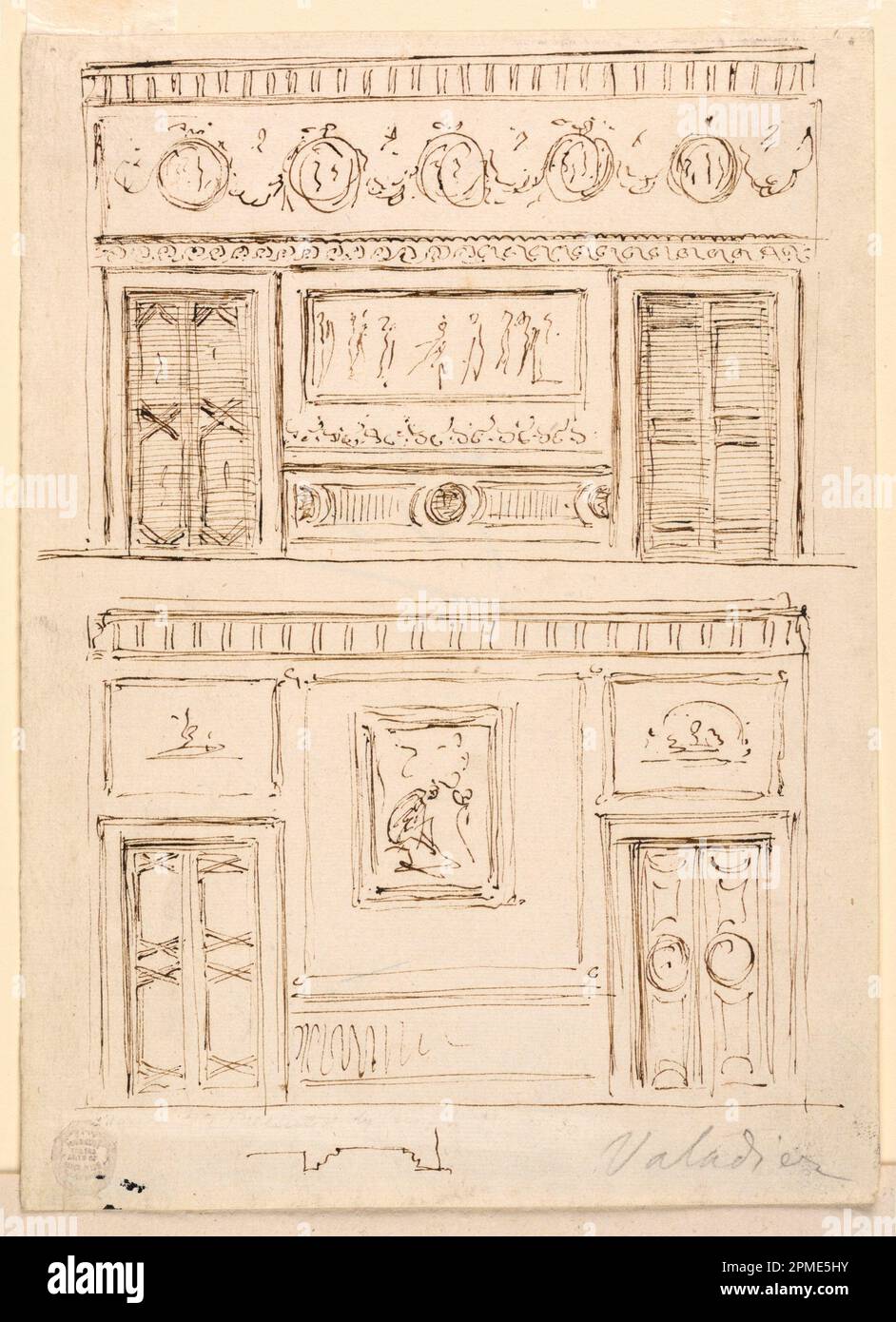 Zeichnung, Elevation of a Room; Architekt: Giuseppe Barberi (Italienisch, 1746–1809); Italien; Stift und braune Tinte auf weißem Papier; Bild: 27,5 x 20 cm (10 13/16 x 7 7/8 Zoll) Stockfoto