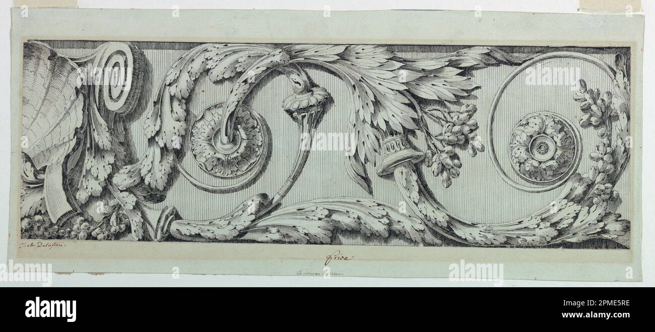 Zeichnung, Frieze mit Rinceau; Jean-Charles Delafosse (Französisch, 1734-1791); Frankreich; Stift und schwarze Tinte, Spuren von schwarzer Kreide auf weißem Papier; 15,7 x 47 cm (6 3/16 x 18 1/2 Zoll) Halterung: 20,6 x 49,1 Matte: 55,9 x 71,1 cm (22 x 28 Zoll) Stockfoto