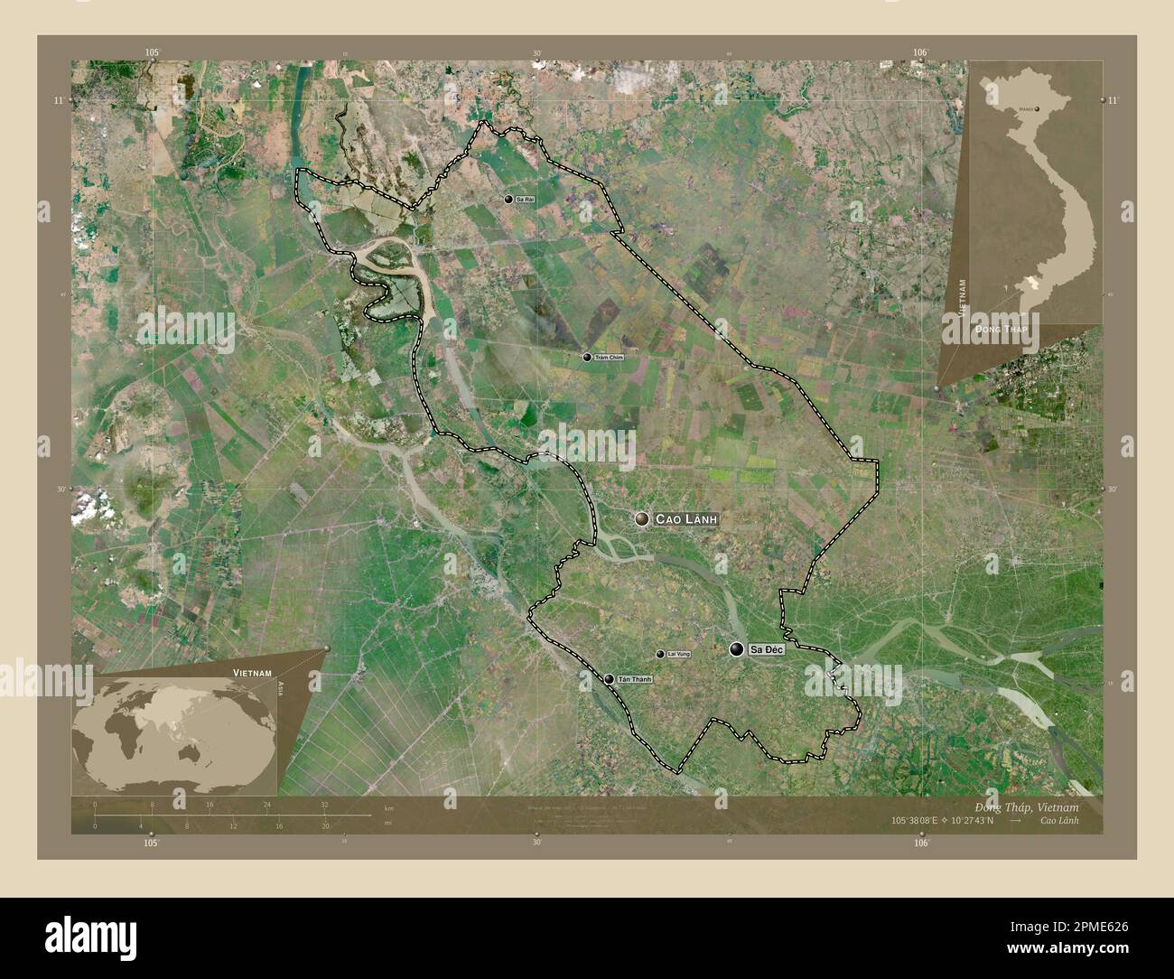 Ong Thap, Provinz Vietnam. Hochauflösende Satellitenkarte. Standorte und Namen der wichtigsten Städte der Region. Eckkarten für zusätzliche Standorte Stockfoto