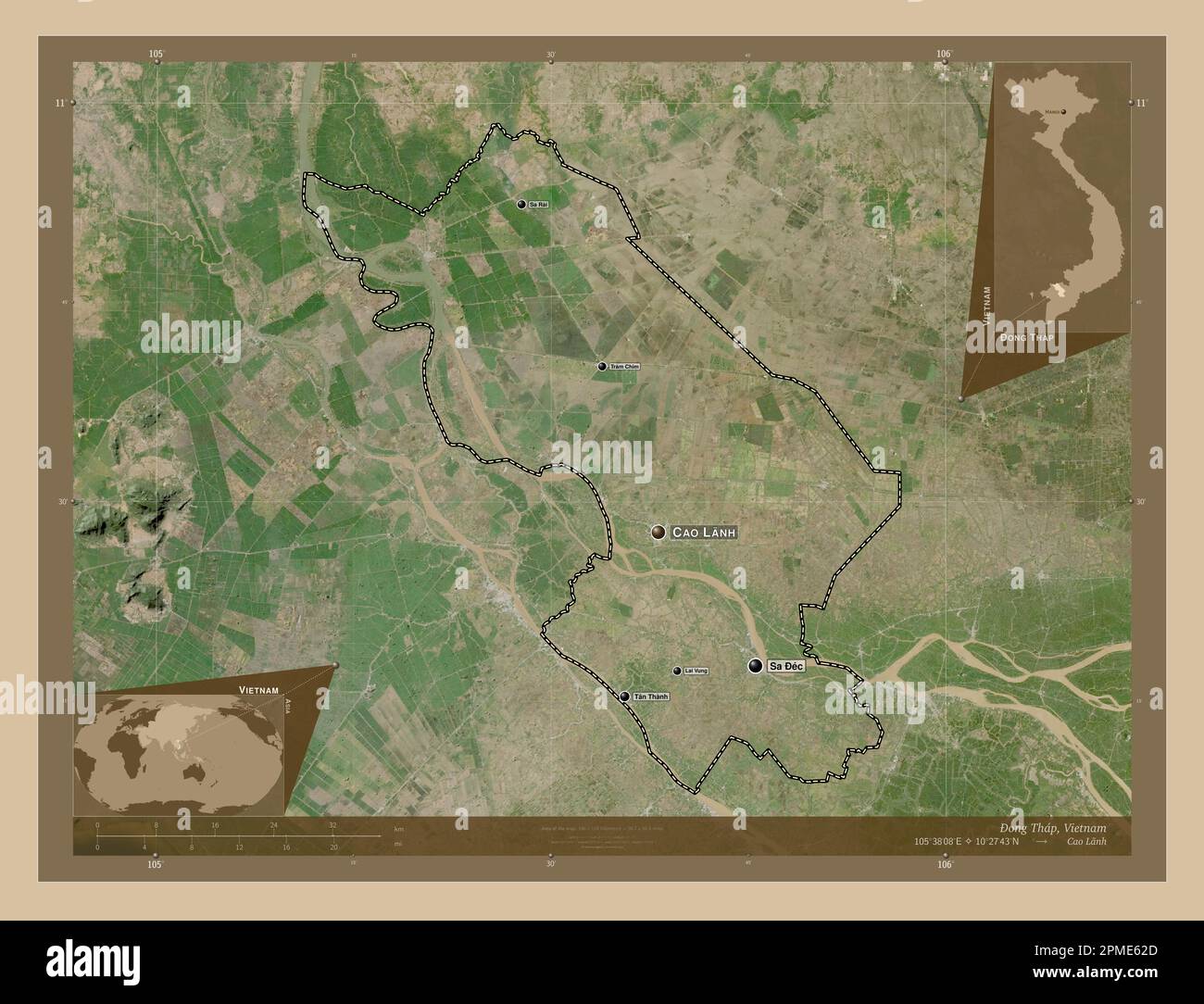 Ong Thap, Provinz Vietnam. Satellitenkarte mit niedriger Auflösung. Standorte und Namen der wichtigsten Städte der Region. Eckkarten für zusätzliche Standorte Stockfoto