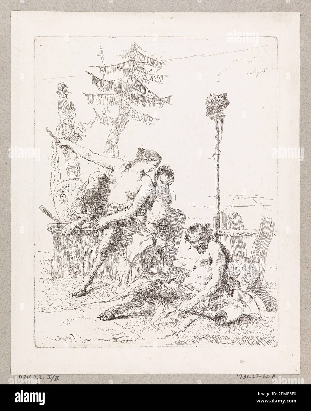 Print, The Satyr and His Family, Plate 10 aus der Schlature di Fantasia; entworfen von Giovanni Battista Tiepolo (Italienisch, 1692 - 1770); Italien; Ätzen auf Laienpapier; 22,5 x 17,7 cm (8 7/8 x 6 15/16 Zoll); 1931-67-60-2 Stockfoto