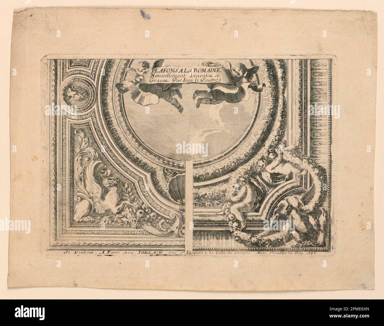 Print, zwei Motive für die Ziehung, von „Plafons à la Romaine“; Print Maker: Jean Le Pautre (Französisch, 1618–1682); Frankreich; Ätzen auf Papier; Platte: 14,5 x 21,3 cm (5 11/16 x 8 3/8 Zoll) Papier: 20,1 x 26,4 cm (7 15/16 x 10 3/8 Zoll) Stockfoto