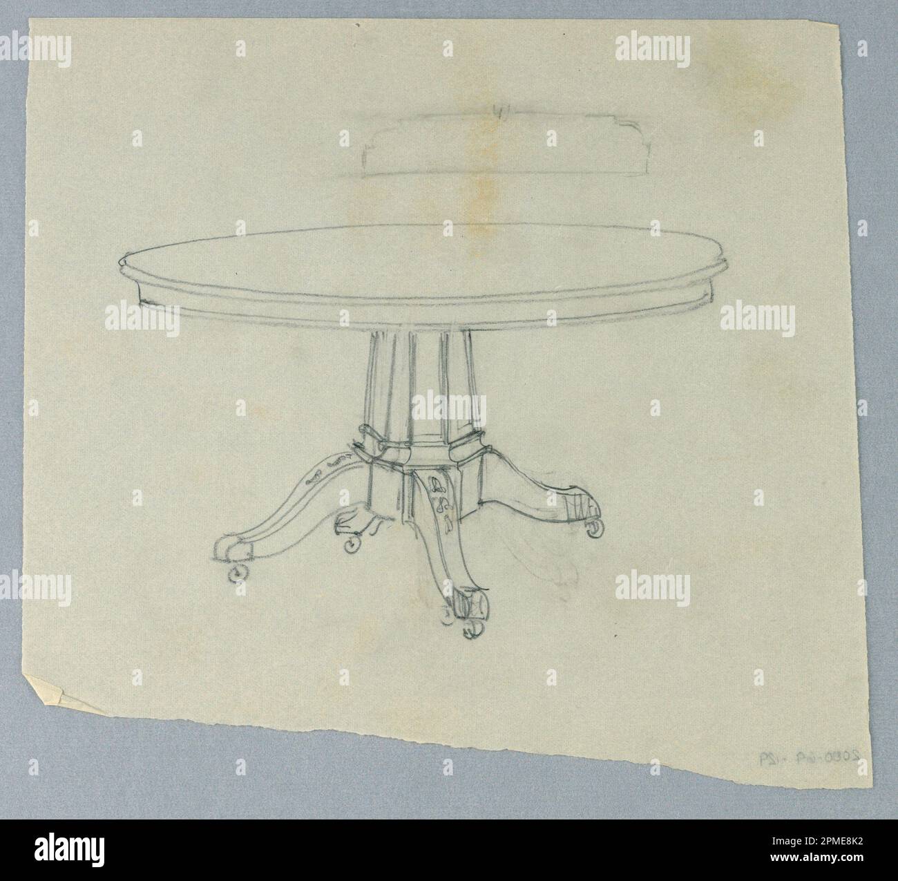 Drawing, Design for a Round Table on a Multi-Facets Support; entworfen von A.N. Davenport Co.; Graphit auf dünnem, cremefarbenem Papier; 19,1 x 20,3 cm (7 1/2 x 8 Zoll ); unregelmäßige untere Kante Stockfoto