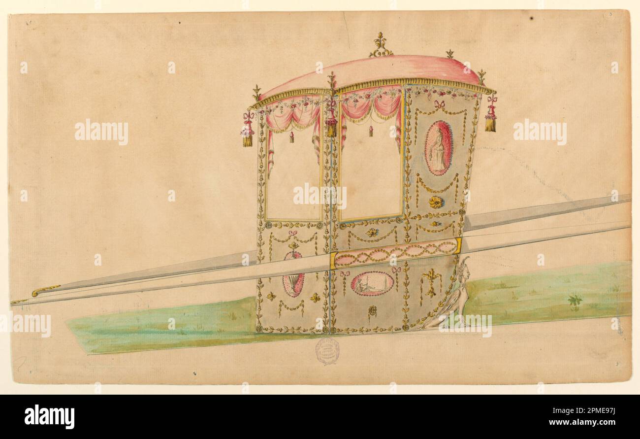 Zeichnen, Design für eine Limousine; England; Stift und Tinte, Pinsel und verschiedene Wasserfarben auf Papier; 24,9 x 41,3 cm (9 13/16 x 16 1/4 Zoll) Stockfoto