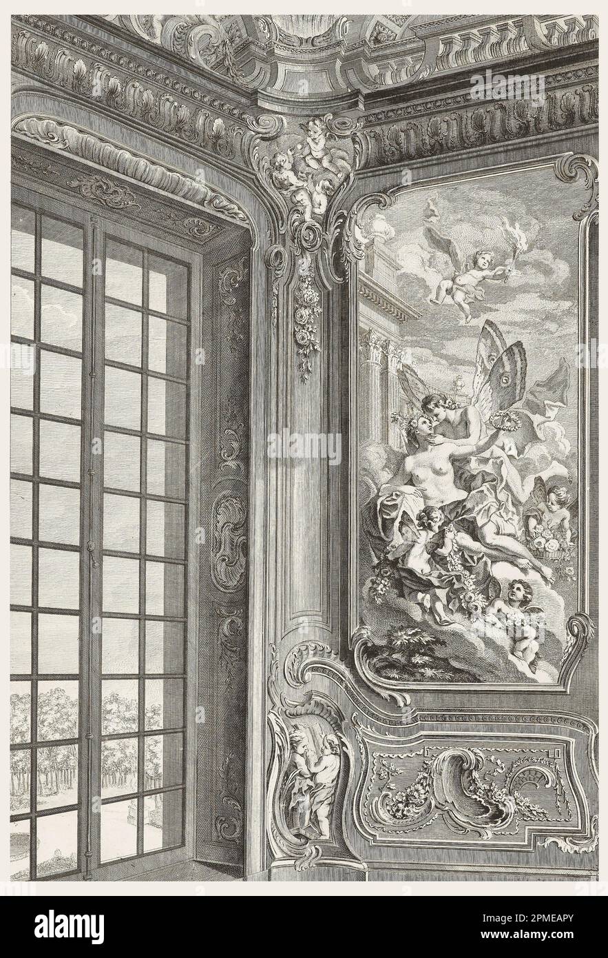 Print, Vue de l'angle du même Cabinet; Vue de l'angle du même Cabinet, montrant à gauche une grande Fenêtre et à droite le tableau de Zéphyr et Flore, 2. Plate, plate 88 in L'oeuvre de Juste Aurèle Meissonnier, Paris, 1748; entworfen von Juste-Aurèle Meissonnier (Französisch, 1750); Italien, 1695– Geätzt von Pierre Chenu (Französisch, 1730.–Ende des 18. Jahrhunderts); Veröffentlicht von Gabriel Huquier (Französisch, 1695–1772); Frankreich; Gravur auf weißem Papier; Platemark: 51 x 34,5 cm (20 1/16 x 13 9/16 Zoll) Stockfoto