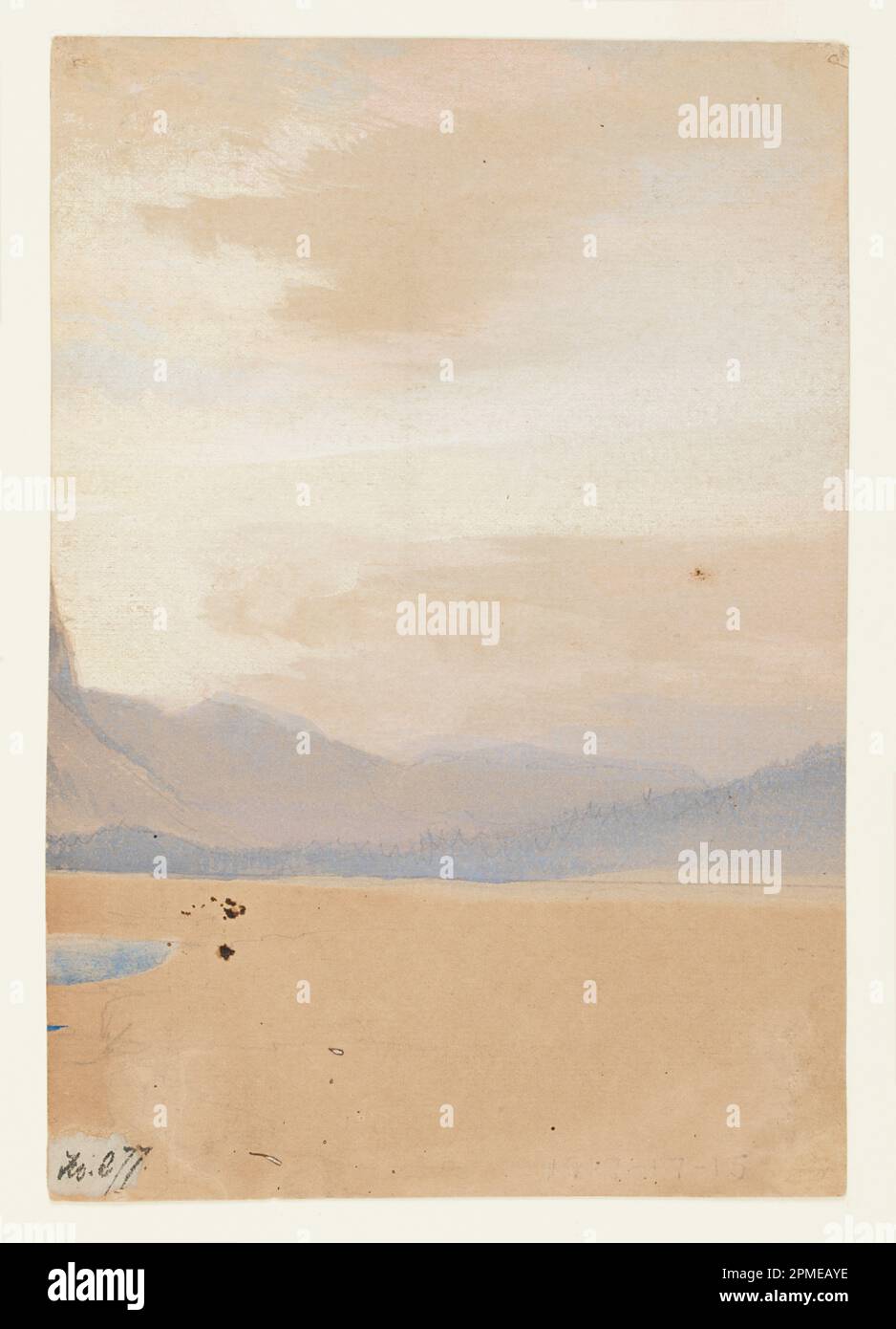 Zeichnen, American Plains mit Gebirgszug in der Ferne; Thomas Moran (Amerikaner, B. Großbritannien, 1837-1926); USA; Graphit, Pinsel und Aquarell auf Papier; 19,1 x 12,3 cm (7 1/2 x 4 13/16 Zoll) Stockfoto