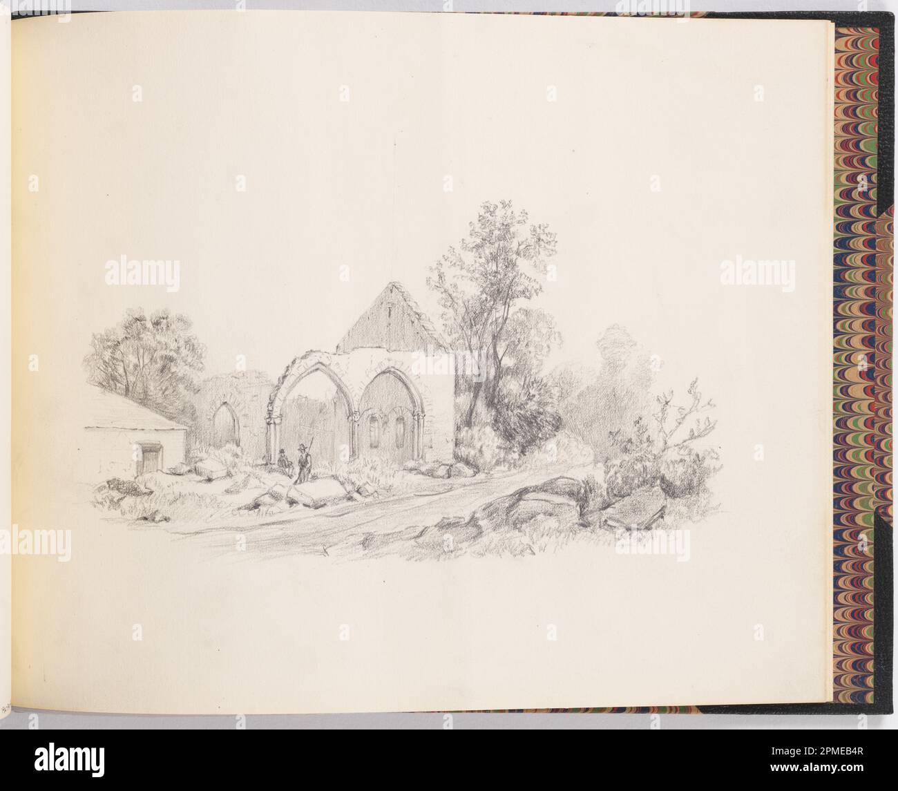 Zeichnen, Ruinen an einer Straße; Francis Augustus Lathrop (amerikanisch, 1849 - 1909); USA; Graphit auf weißem Papier; 20,7 x 26,1 cm (8 1/8 x 10 1/4 Zoll); 1914-38-337 Stockfoto