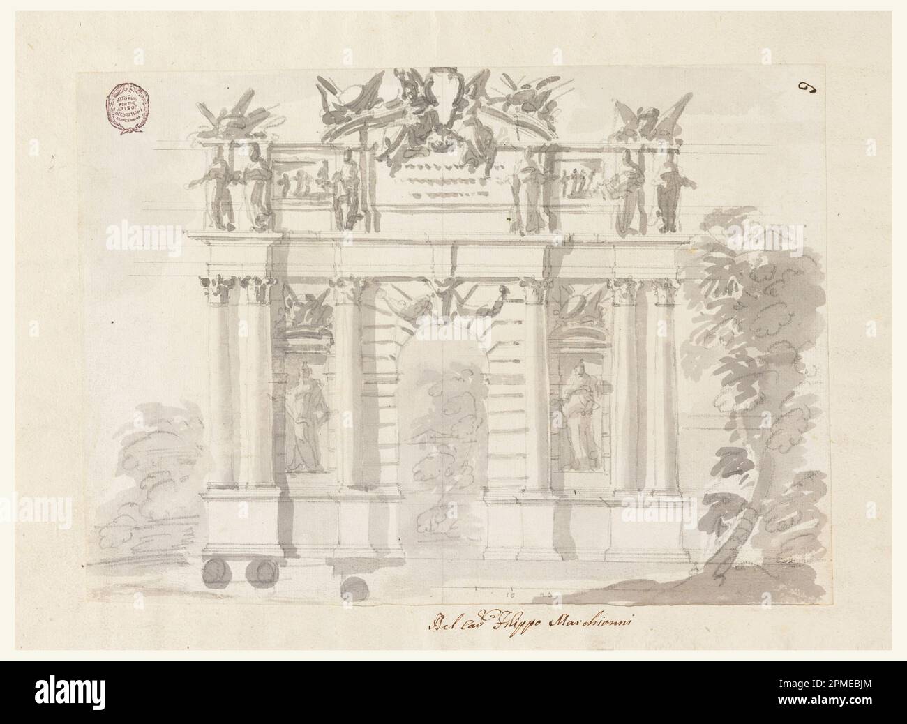 Zeichnung, Tür in einer Gartenwand; entworfen von Filippo Marchionni (Italienisch, 1732–1805); Italien; Holzkohle, Graphit, Pinsel und graue Aquarelle auf Papier; 19,6 x 27,2 cm (7 11/16 x 10 11/16 Zoll) Stockfoto