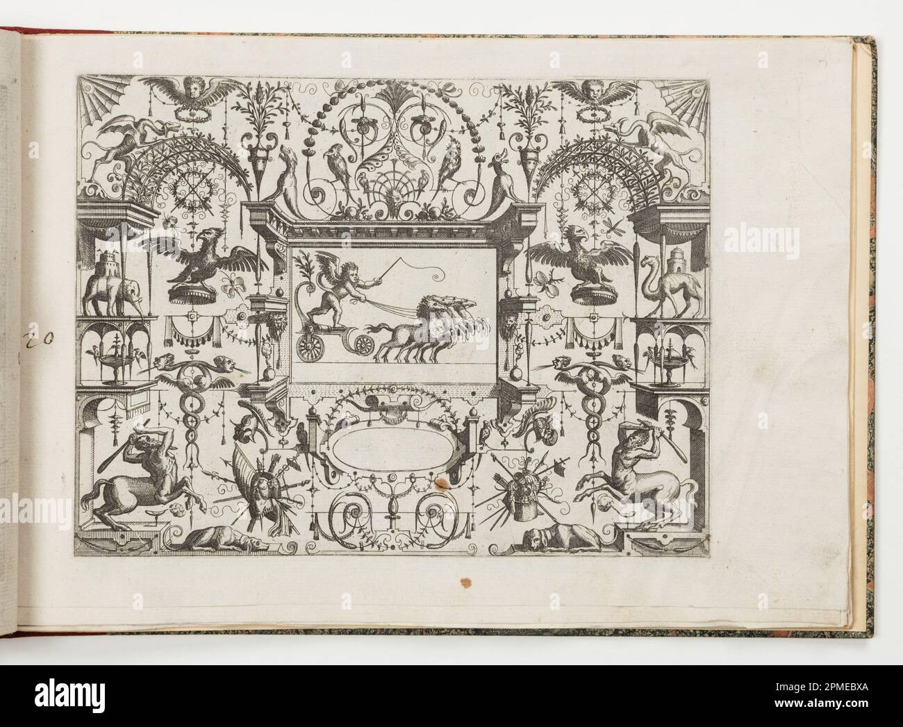 Print, Plate 20, aus Grotteßco in diverßche manieren; entworfen von Hans Vredeman de Vries (Niederländisch, 1527 - ca. 1606); Veröffentlicht von Gerard de Jode (Flämisch, 1509-1591); geätzt von Jan van Doetechum der Ältere (Niederlande), Lucas van Doetechum (Niederländisch, nach 1584); Frankreich; Ätzen auf Laienpapier Stockfoto