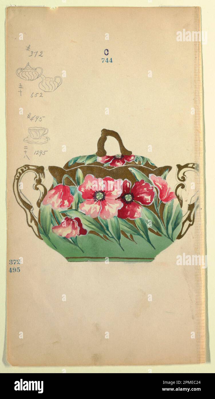 Zeichnen, Design for a Sugar Bowl; Made for Noritake; Japan; Pinsel und Aquarell, goldener Gouache, Graphit auf cremefarbenem Papier; 28,5 x 15,8 cm (11 1/4 x 6 1/4 Zoll) Matte: 35,7 x 45,8 cm (14 1/16 x 18 1/16 Zoll); 1985-14-1 Stockfoto