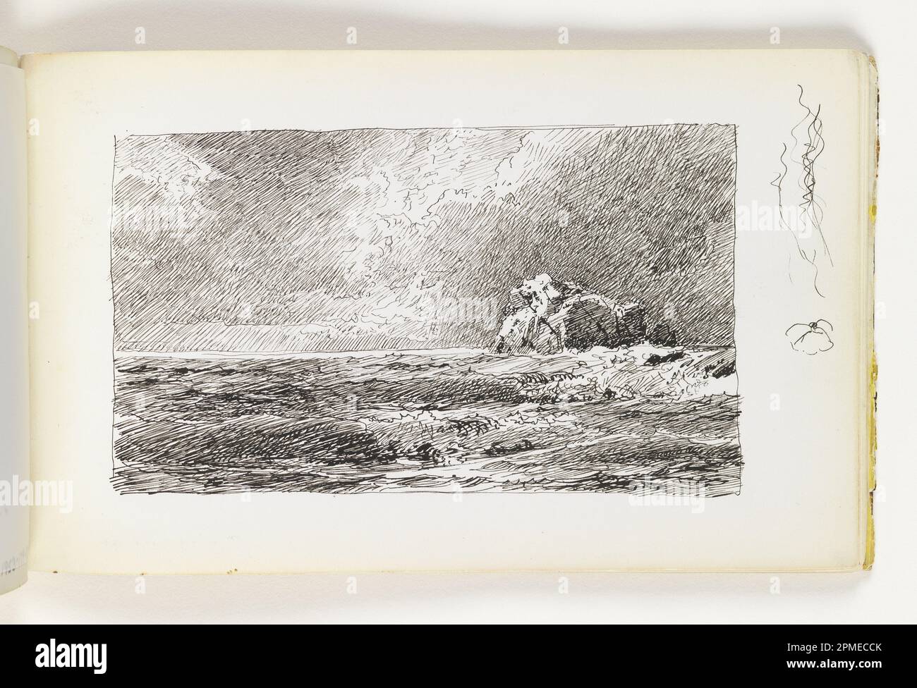 Skizzenbuch Folio, Seascape mit dramatischen Wolken und Large Rock; William Trost Richards (amerikanisch, 1833–1905); USA; Stift und schwarze Tinte auf cremefarbenem gewebtem Papier; 8,8 x 14,8 cm (3 7/16 x 5 13/16 Zoll) Blatt: 12,3 x 19,6 cm (4 13/16 x 7 11/16 Zoll) Stockfoto