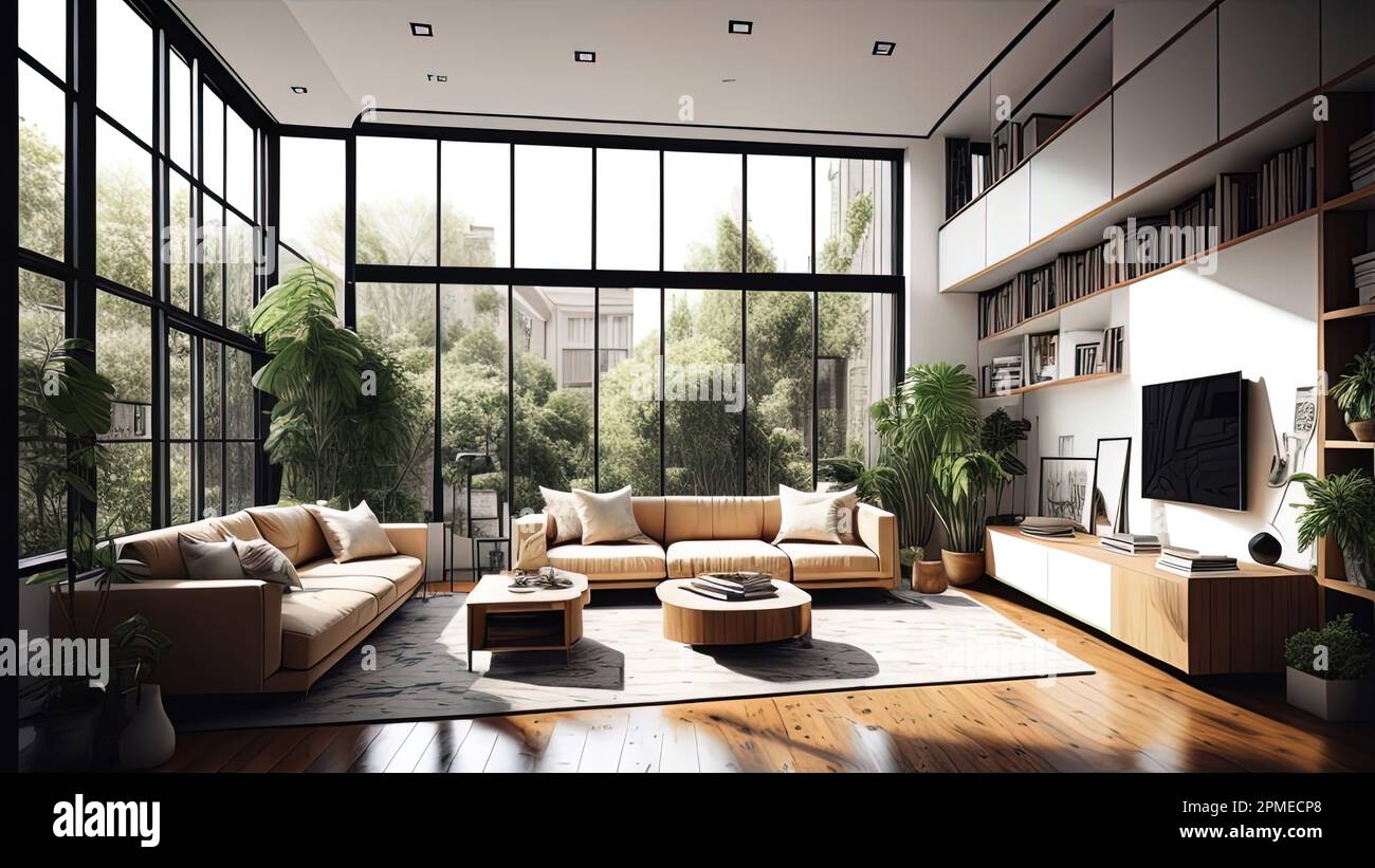 modernes wohnzimmer mit panoramafenster. 3d-rendering