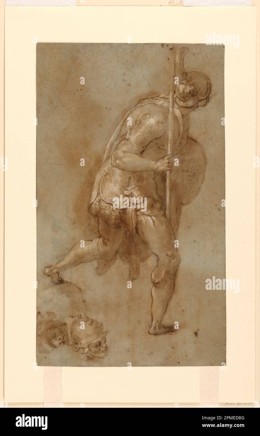 Drawing, Soldier Running:Study for Figure in left foreground, 'Verrat von Christus', Rom, S. Maria della Consolazione, Matttei Chapel; separate Studien von zwei Köpfen; Taddeo Zuccaro (Italienisch, 1529 - 1566); Italien; Stift und braune Tinte, braune Wäsche, schwarze Kreide auf grauem Papier; 36,8 x 21,6 cm (14 1/2 x 8 1/2 Zoll) Stockfoto