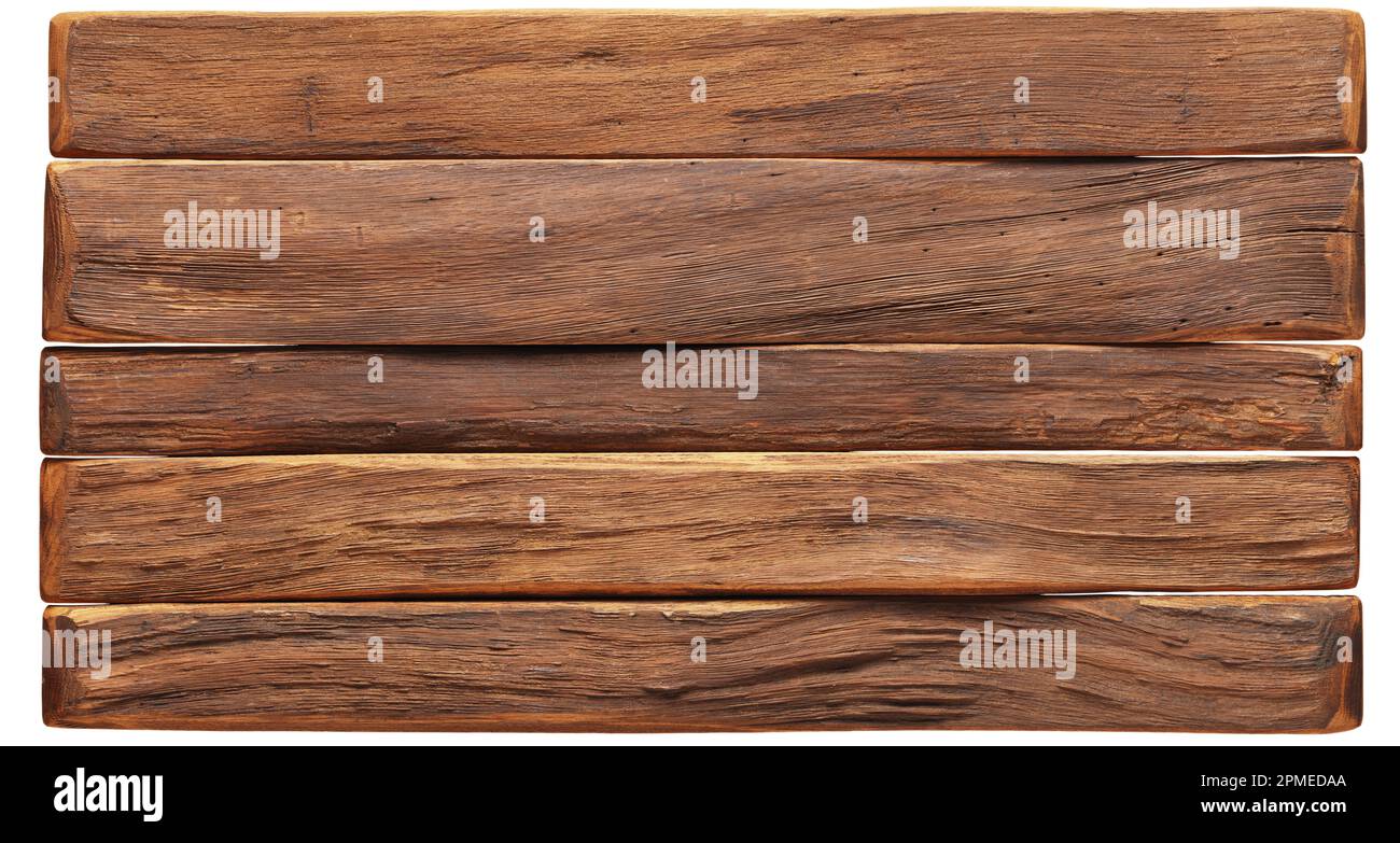 Rustikale Tischtextur aus Holz, alte Bretter isoliert auf weiß Stockfoto