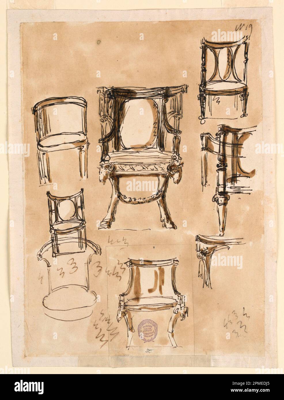 Zeichnung, Stühle; entworfen von Giuseppe Barberi (Italienisch, 1746–1809); Italien; Stift und braune Tinte, Bürste und braune Waschung auf weißem, liegendem Papier; Bild: 26,9 x 19,3 cm (10 9/16 x 7 5/8 Zoll) Stockfoto