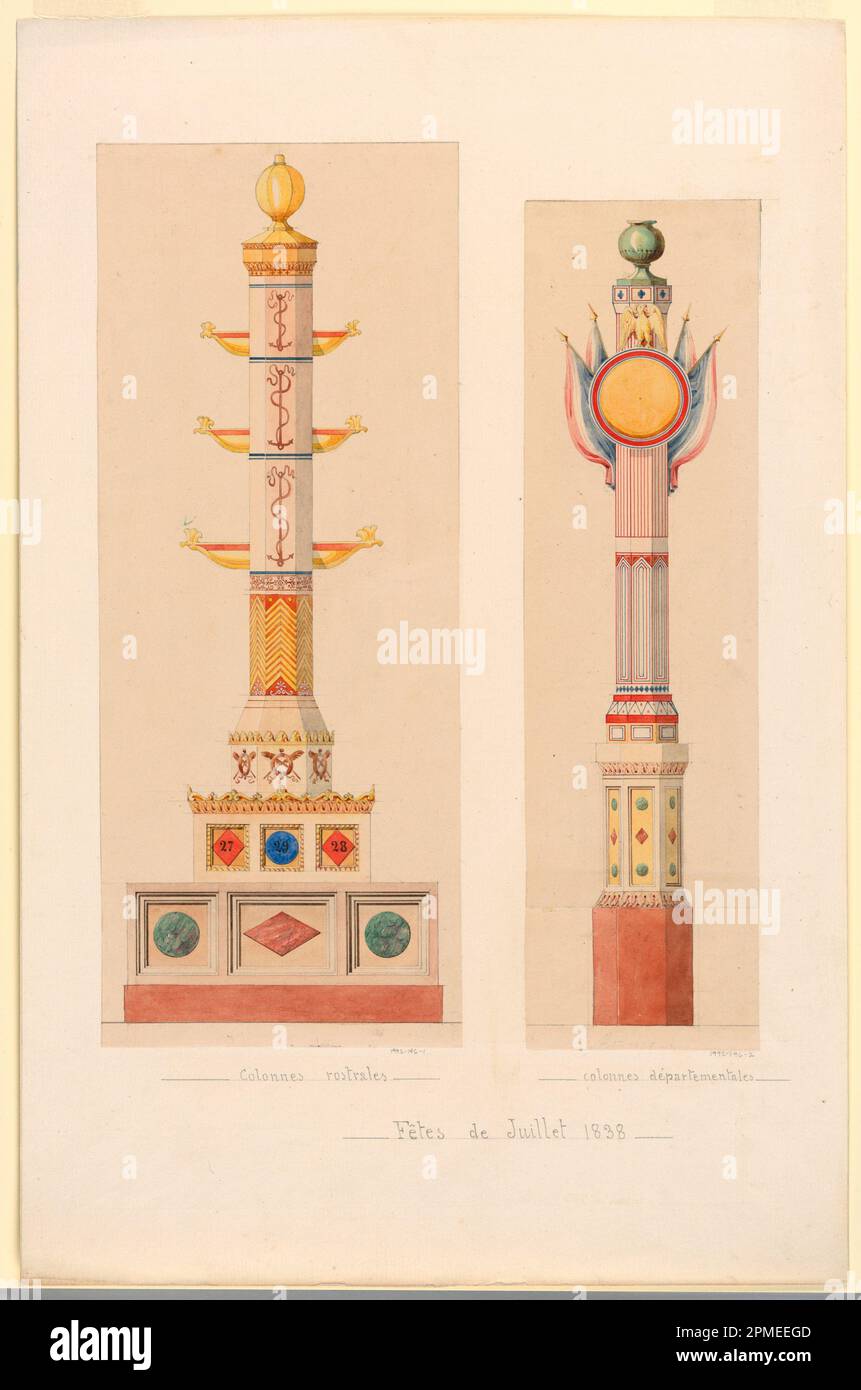 Zeichnung, 'Colonnes rostrales, fetes de Juillet 1838'; Félix-Jacques Duban (Französisch, 1798 - 1870); Frankreich; Aquarell, Stift und schwarze Tinte, Graphit auf cremeweißem Papier auf cremeweißem Papier; Halterung 44,1 x 28,8 cm Matte: 35,6 x 45,7 cm (14 x 18 Zoll) Stockfoto