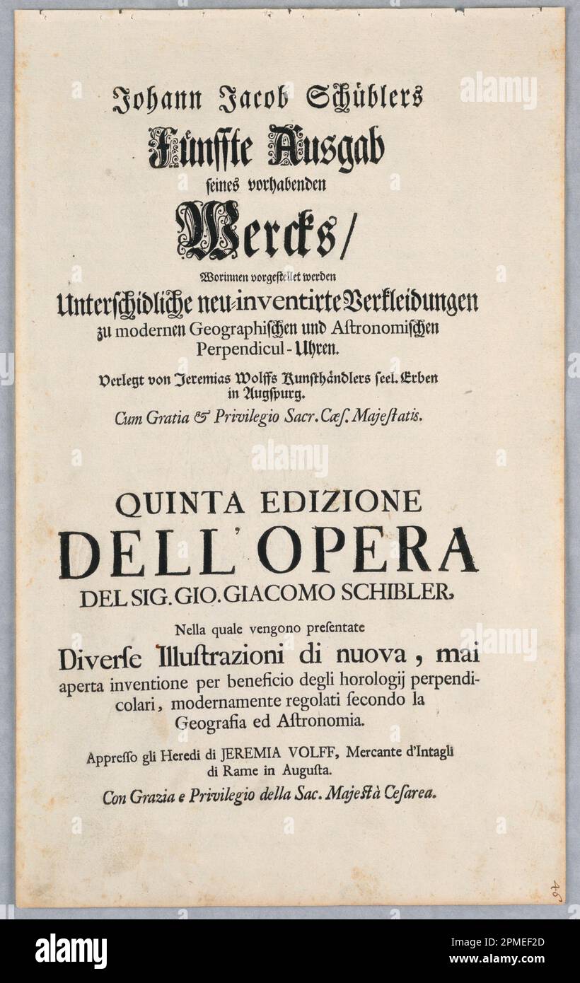 Printwerbung, Funffte Ausgab seine vorhabenden werckes...; Johann Jakob Schübler (Deutsch, 1689–1741); Veröffentlicht von Jeremias Wolff (Deutsch, 1663–1750); Gravur auf Laienpapier; 29,8 x 19,0 cm (11 3/4 x 7 1/2 Zoll) Stockfoto