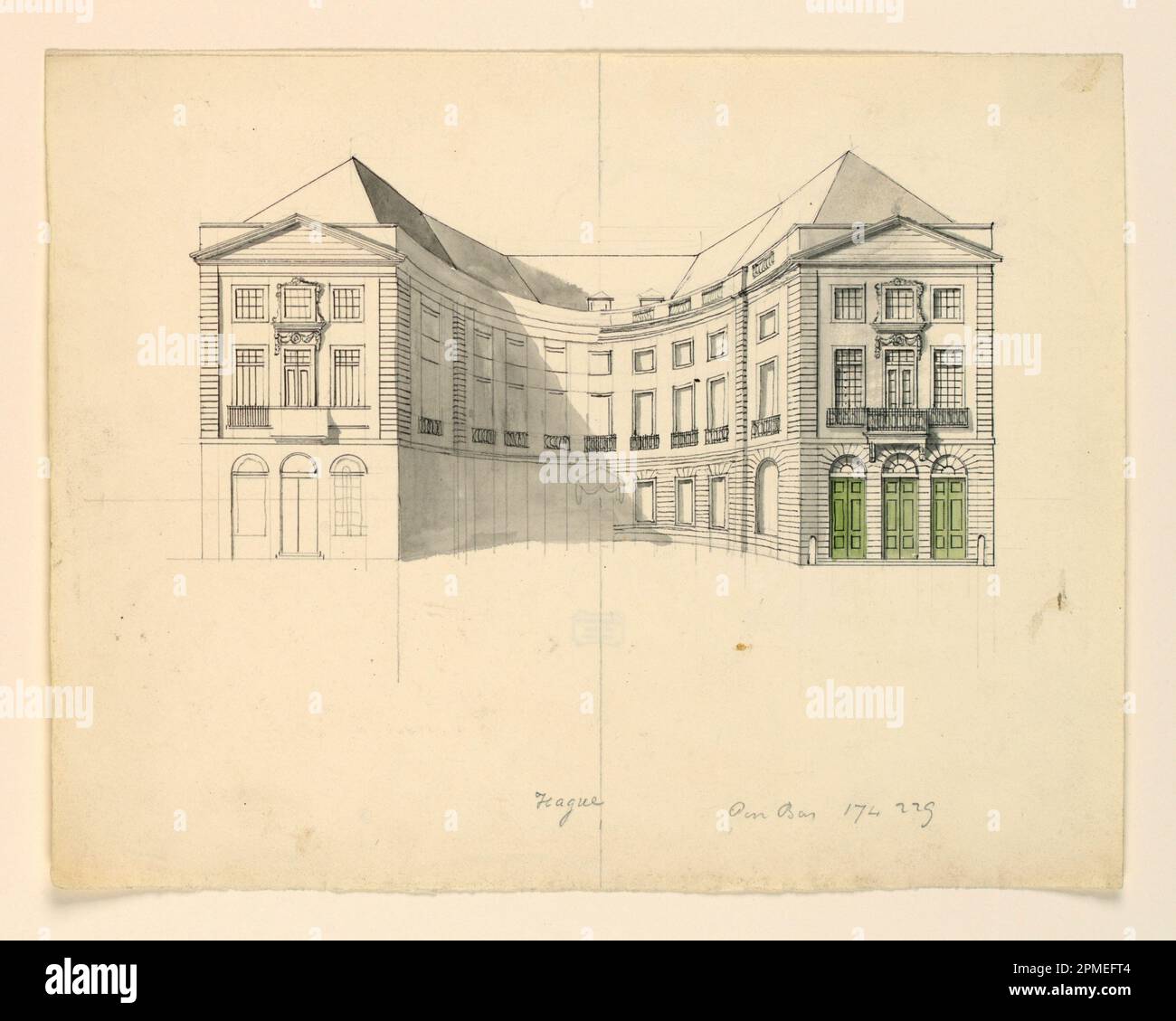Zeichnung, Erhöhung der Fassade eines Theaters in Den Haag; entworfen von Cesare Recanatini (Italienisch, 1823-1893); Italien; Stift und Tinte, grau und grün auf weißem Papier Stockfoto