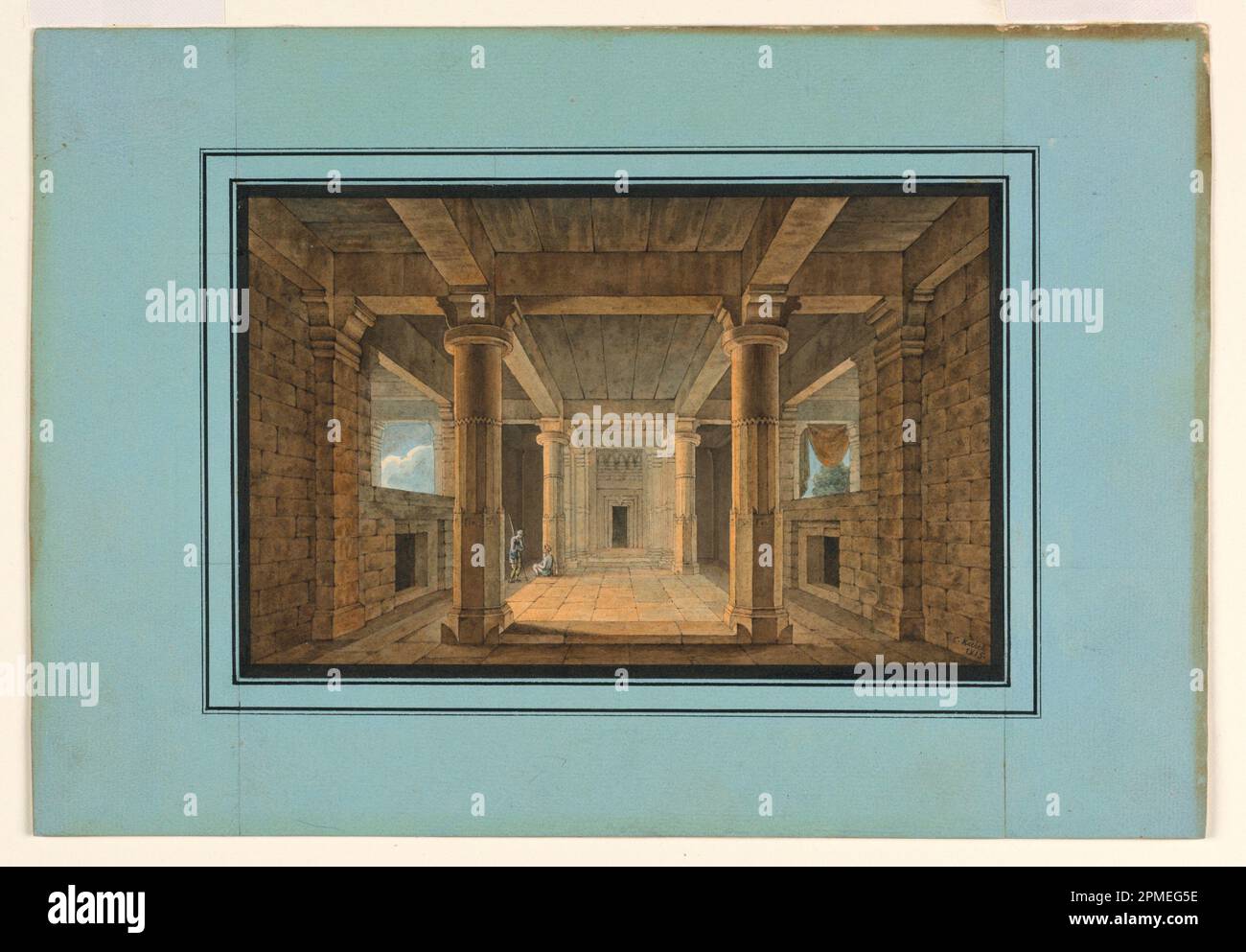 Zeichnung, Bühnendesign, Eintritt in einen orientalischen Tempel; entworfen von Karl Josef Koebel (deutscher, aktiver Italiener, 1796 - 1850); Deutschland; Stift und schwarze Tinte, Pinsel und Aquarell, linierter Rand in Stift und schwarze Tinte auf weißem gewebtem Papier auf blauem Papier auf Pappe Stockfoto