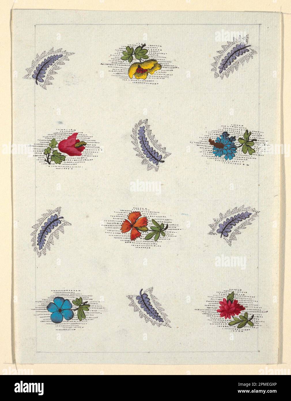 Zeichnen, Blumendesign für bedruckte Textilien; entworfen von Louis-Albert DuBois (Schweiz, 1752–1818); Frankreich; Pinsel und Gouache, Graphit auf weißem gewebtem Papier; Blatt: 19,2 x 14,3 cm (7 9/16 x 5 5/8 Zoll) Bild: 17,8 x 12 cm (7 Zoll X 4 3/4 Zoll) Stockfoto