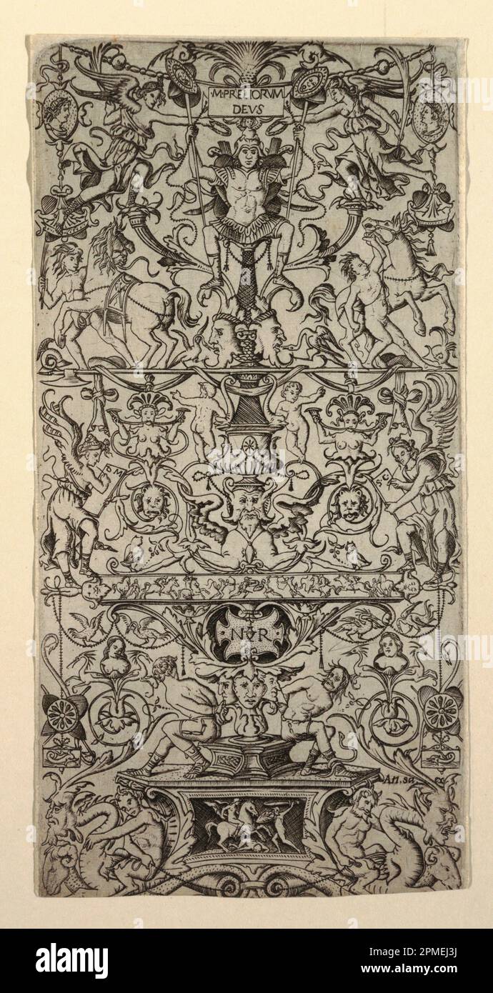 Print, Ornament Panel mit Mars; Nicoletto da Modena (Italienisch, aktiv 1500-1522); Veröffentlicht von Antonio Salamanca (Italienisch, ca. 1500 - 1562); Italien; Gravur auf liegendem Papier; 26 x 13,1 cm (10 1/4 x 5 3/16 Zoll) Matte: 35,6 x 45,7 cm (14 x 18 Zoll) Stockfoto