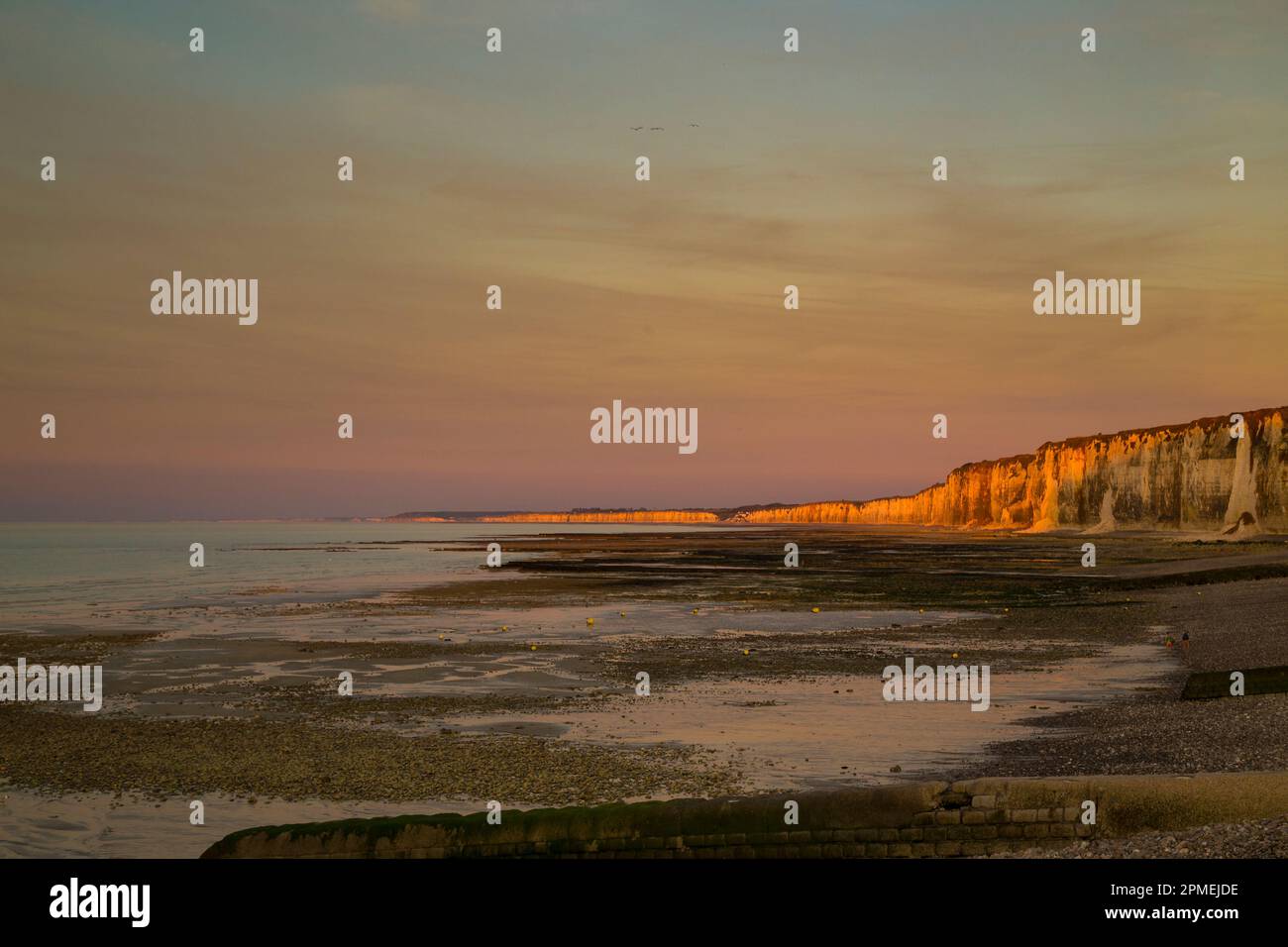 Strand, Sonnenuntergang, Kreideklippen in St. Valery en Caux in der Normandie, Frankreich. Stockfoto