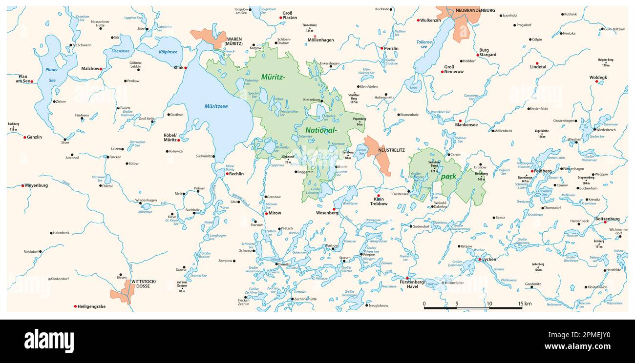Vektorskarte des Mecklenburger Seengebietes in Nordostdeutschland Stockfoto