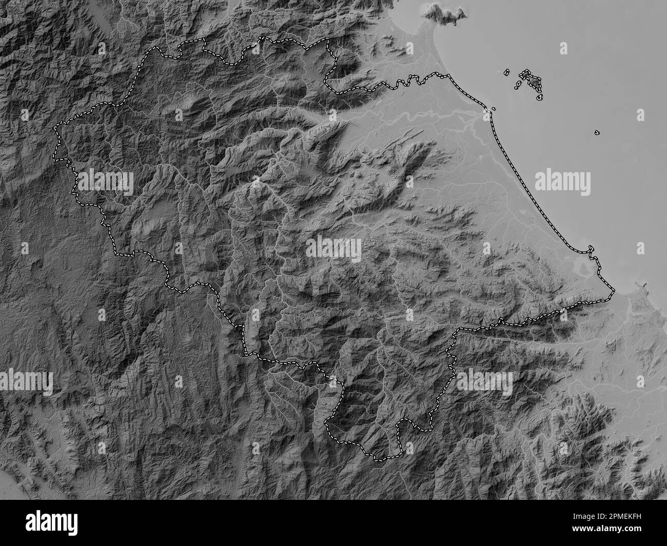 Quang Nam, Provinz Vietnam. Grauskala-Höhenkarte mit Seen und Flüssen Stockfoto