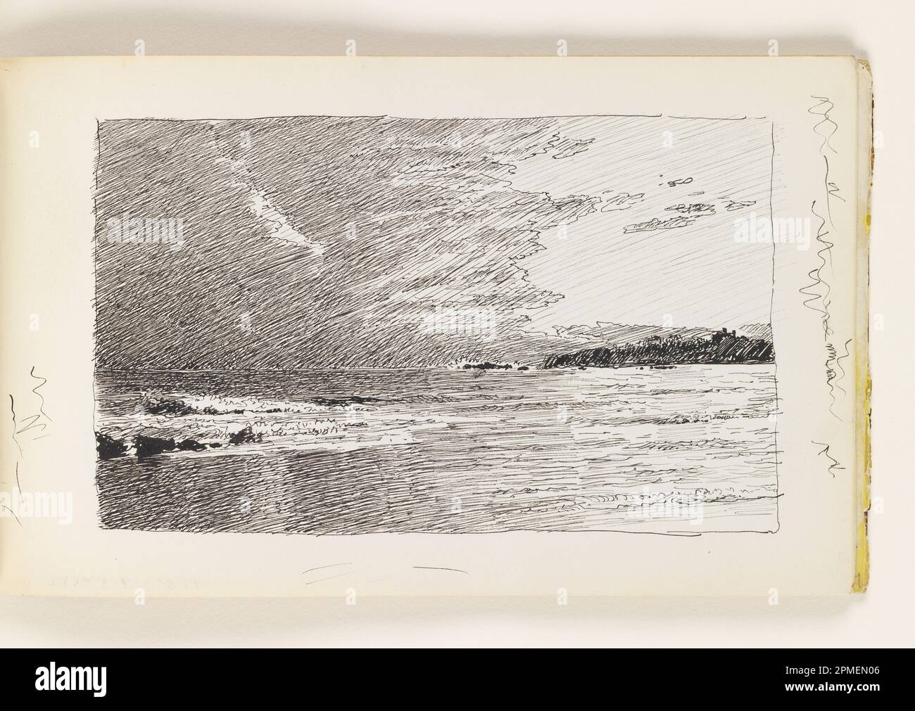Skizzenbuch Folio, Strandszene mit Felsen und fernen Klippen; William Trost Richards (amerikanisch, 1833–1905); USA; Stift und schwarze Tinte auf cremefarbenem gewebtem Papier; 9,5 x 15,5 cm (3 3/4 x 6 1/8 Zoll) Blatt: 12,3 x 19,5 cm (4 13/16 x 7 11/16 Zoll) Stockfoto