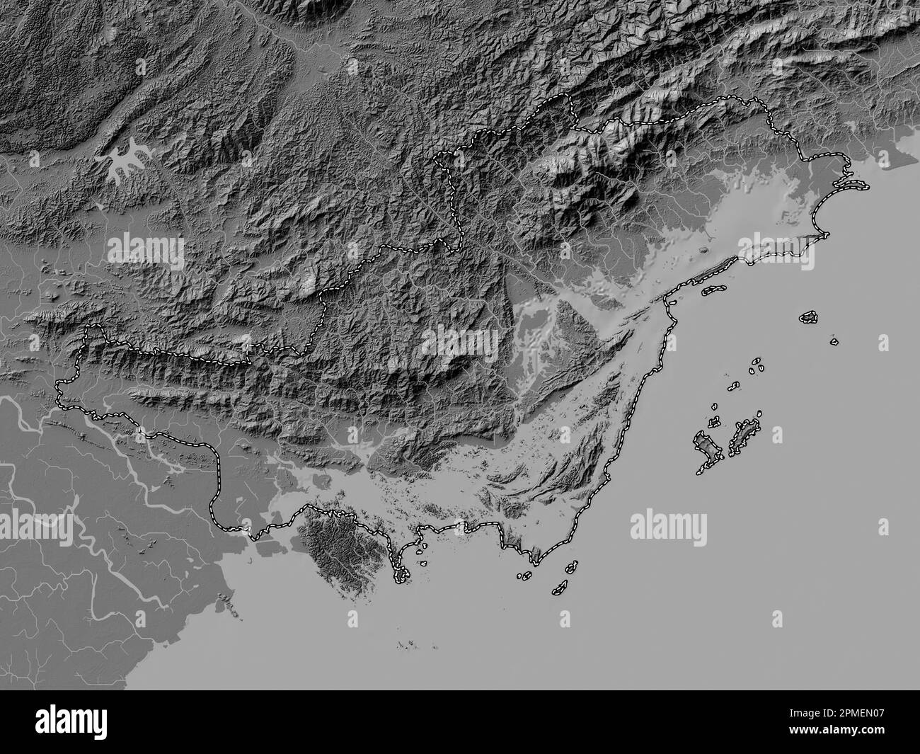 Quang Ninh, Provinz Vietnam. Bilevel-Höhenkarte mit Seen und Flüssen Stockfoto
