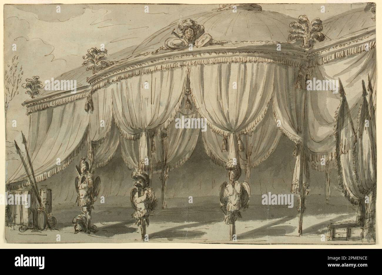 Zeichnen, Stage Design, Ein Pavillon mit Trophäen des Krieges; entworfen von Giuseppe Barberi (Italienisch, 1746–1809); Italien; Stift und braune Tinte, Bürste und graue Wäsche, leichte Spuren von schwarzer Kreide auf blau-weißem Papier Stockfoto