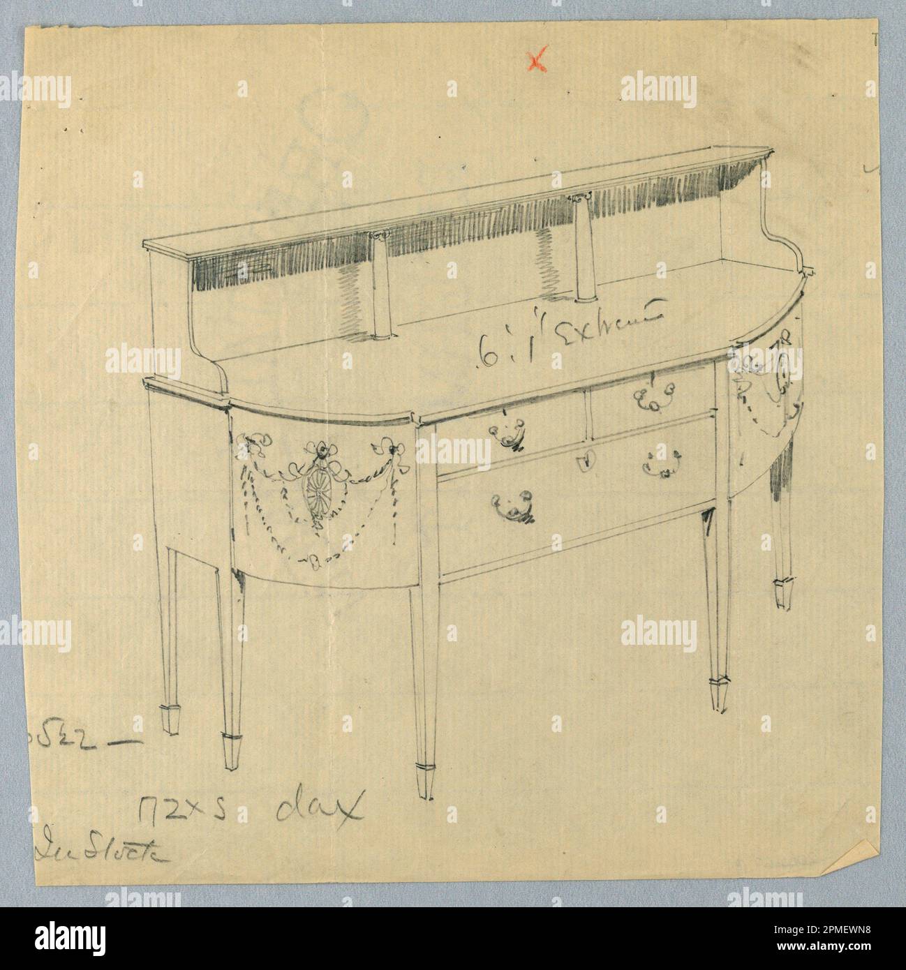 Zeichnung, Design für Seitenwand mit Volutes für die obere Ablage; entwickelt von A.N. Davenport Co.; Graphit auf dünnem Papier; 21,6 x 21,3 cm (8 1/2 x 8 3/8 Zoll) Stockfoto