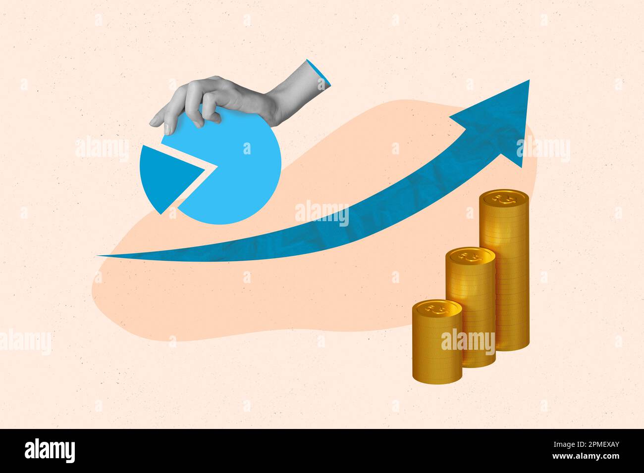 Zeitschriftenbanner-Kollage der Unternehmensanalyse über Start-up finanzieller Fortschritt Einkünfte Wachstum Goldmünzen Sammlung Stockfoto