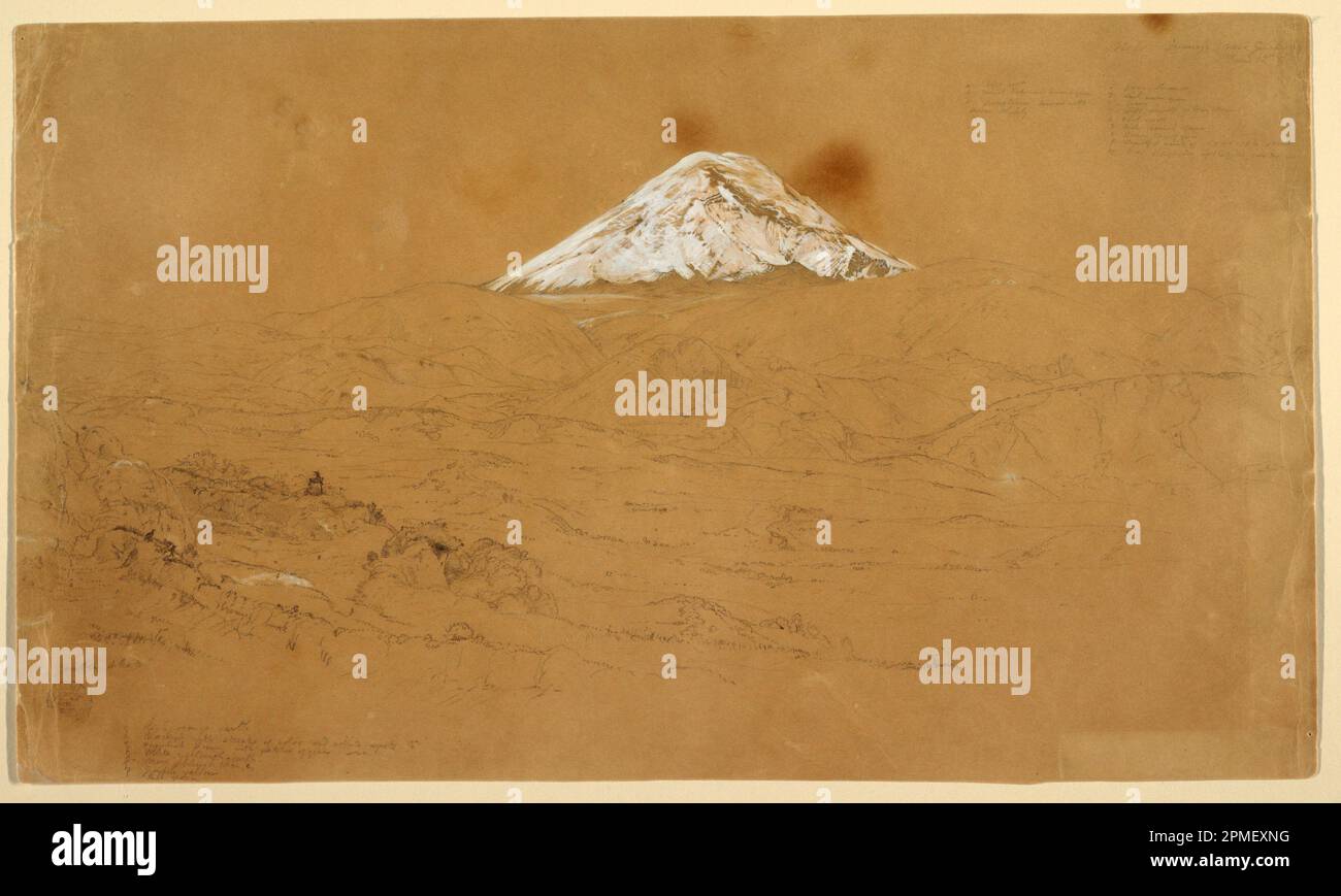 Zeichnung, Ansicht des schneebedeckten Mount Chimborazo in der Nähe von Guanojo und Guaranda, Ecuador; Frederic Edwin Kirche (amerikanisch, 1826–1900); Ecuador; Graphit, Pinsel und weißer Gouache auf cremefarbenem Papier; Blatt: 32,4 x 55,1 cm (12 3/4 x 21 11/16 Zoll) Matte: 55,9 x 71,1 cm (22 x 28 Zoll) Stockfoto