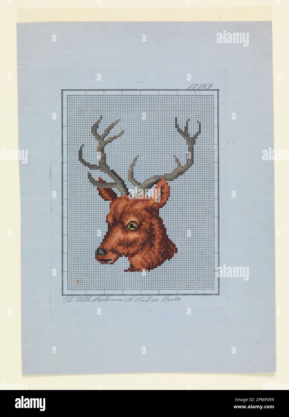 Zeichnen, Design for Berlin Wool Work, Stag; Veröffentlicht von Thomas Wilhelm Meister; Deutschland; Pinsel und Riesenkopf auf vorgedrucktem, quadratischem Papier; Blatt: 26,2 x 20,1 cm (10 5/16 x 7 15/16 Zoll) Platemark: 18,2 x 12,9 cm (7 3/16 x 5 1/16 Zoll); 1960-59-2 Stockfoto