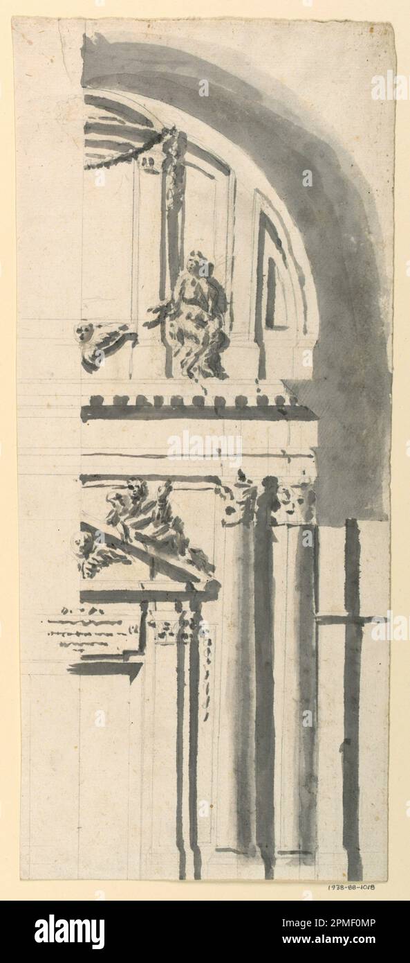 Zeichnung, Tür und oberes Fenster von; Architekt: Giuseppe Valadier (Italienisch, 1762–1839); Italien; Graphit, graue Waschunterlage: Liegendes Papier; 40,2 x 18 cm (15 13/16 x 7 1/16 Zoll) Matte: 55,9 x 40,6 cm (22 x 16 Zoll) Stockfoto