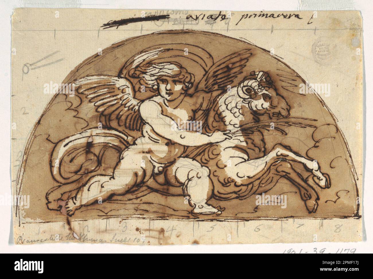 Zeichnung, Ares, Lunette für Decke, Sala Ottagonale, Palazzo Milzetti, Faenza; entworfen von Felice Giani (Italienisch, 1758–1823); Italien; Stift und braune Tinte, Bürste und hellbraune Auswaschung über Graphit auf weißem Papier; 14,3 x 21,3cm mm (5 5/8 x 8 3/8in.) Matte (matt mit -1190): 35,6 x 45,7 cm (14 x 18 Zoll) Stockfoto