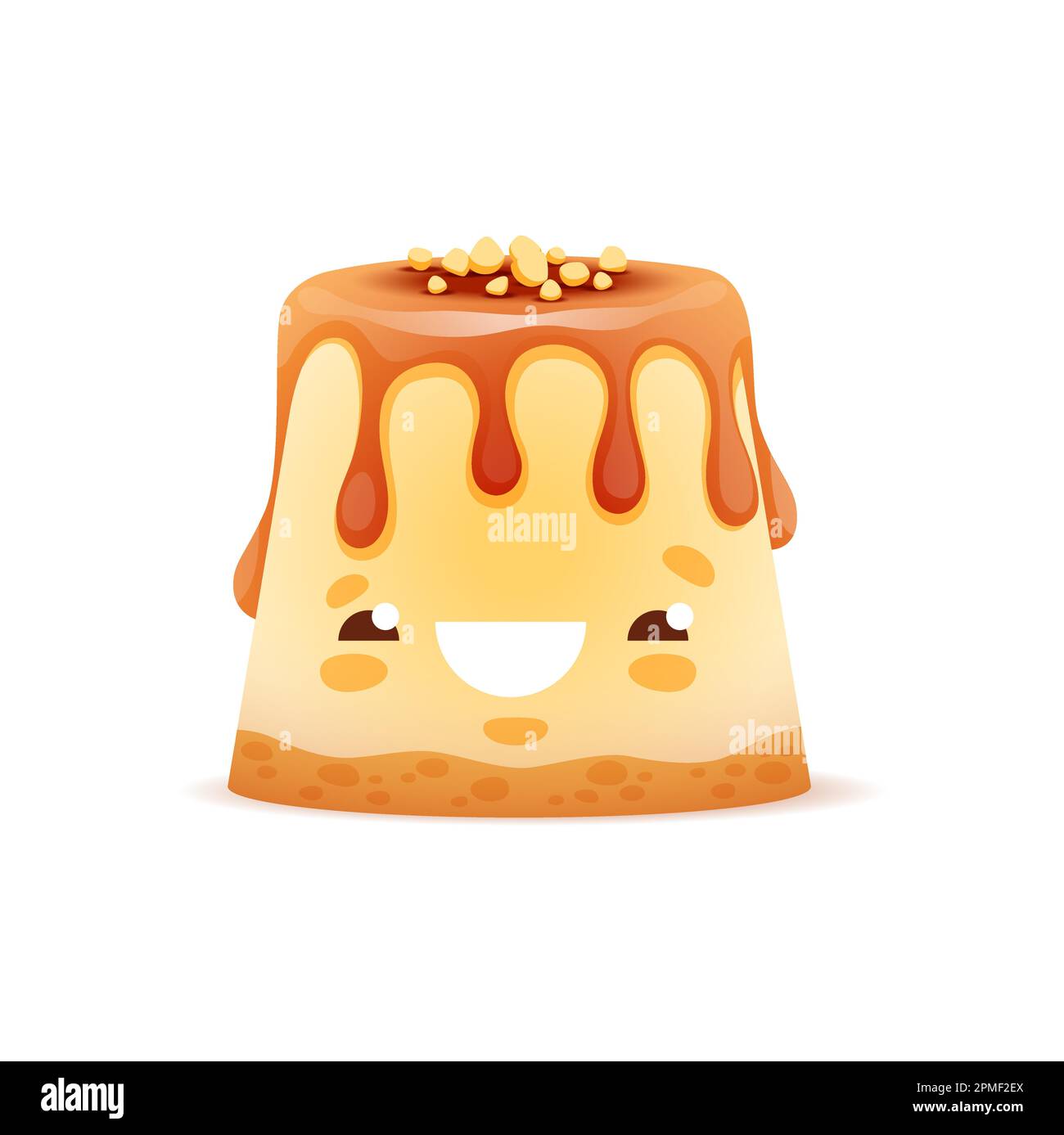 Cartoon-Kuchenfigur, Dessertessen, Gesicht Emoji oder Vektor leckeres Dessert. Lustiger süßer Kuchen, Käsekuchen oder Pudding mit Karamellsirup, Kinder lustiges Gebäck Stock Vektor