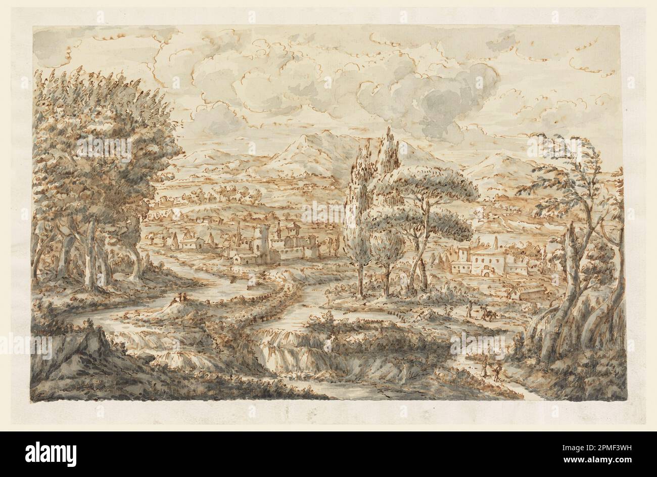 Zeichnung, A Valley; Carlo Marchionni (Italienisch, 1702–1786); Italien; Stift und Tinte, Pinsel und Grau, schwarz, wasserfarben, bistre Wash auf Papier; 22,7 x 34,6 cm (8 15/16 x 13 5/8 Zoll) Stockfoto