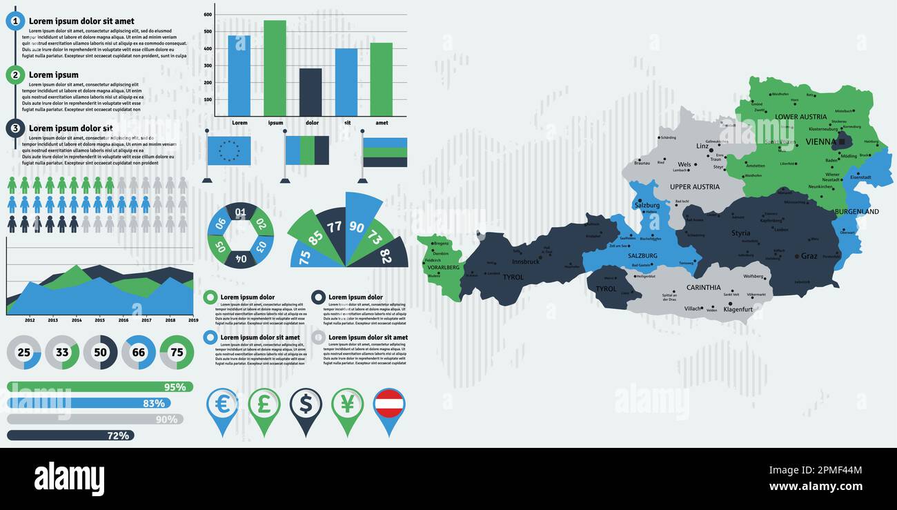 Detaillierte Karte für Österreich mit Infografiken. Vektordarstellung. Stock Vektor