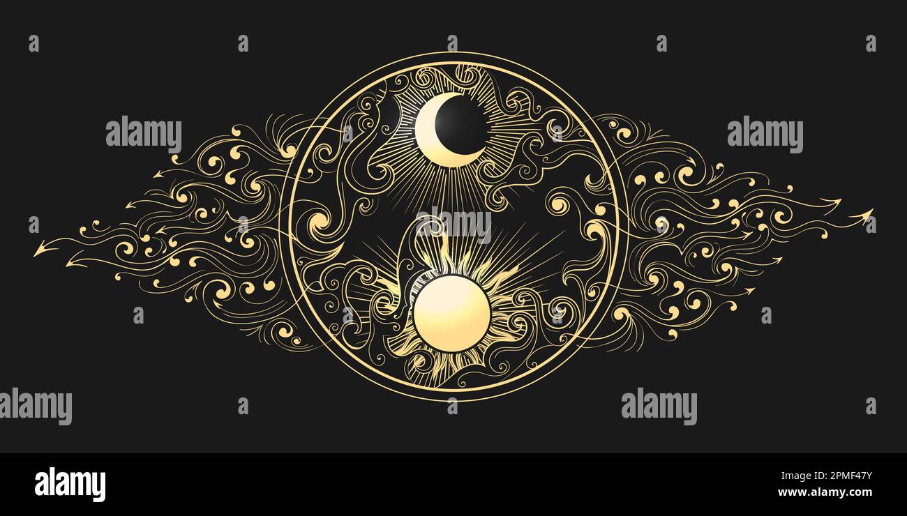 Esoterische Illustration von Sonne und Mond isoliert auf Schwarz. Vektordarstellung Stock Vektor