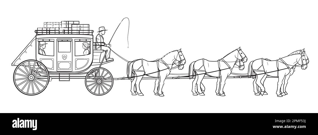 Postkutschenwagen mit sechs Pferden und Fahrer - Vektorstock-Abbildung. Stock Vektor