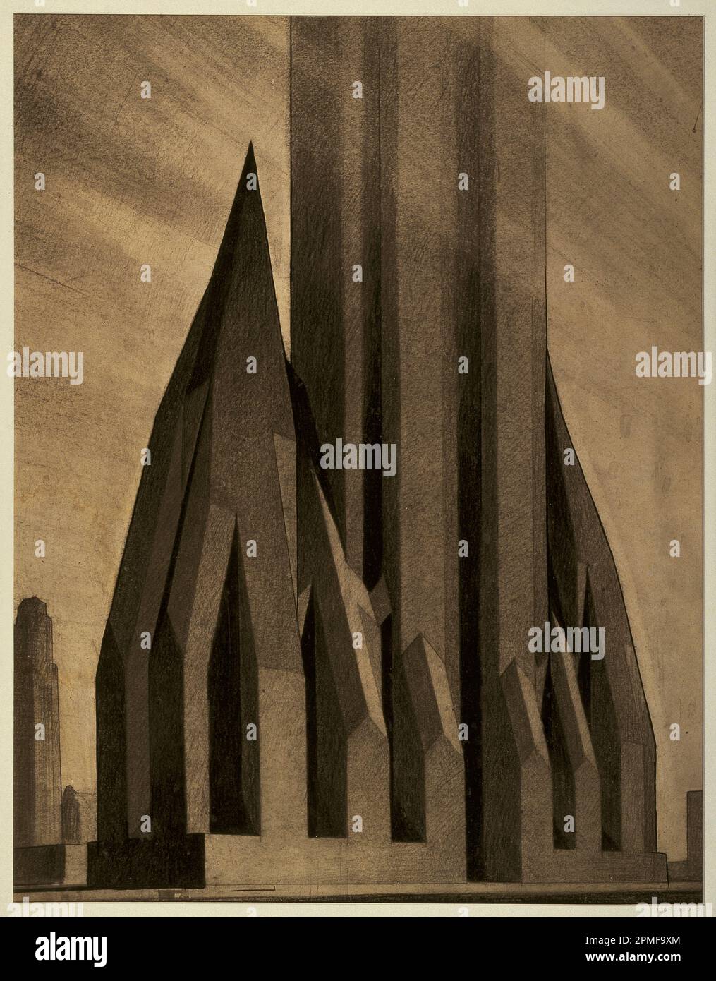 Zeichnung, Studie für die maximale Masse, die nach dem New York Zoning Law von 1916, Stufe 2, zulässig ist; entworfen von Hugh Ferriss (amerikanisch, 1889–1962); USA; schwarzer Stift, gestumpft; Pinsel und schwarze Tinte über dem Fotostat, Lack auf der Illustrationstafel; 66,8 x 51cm mm (26 5/16 x 20 1/16in.) Stockfoto