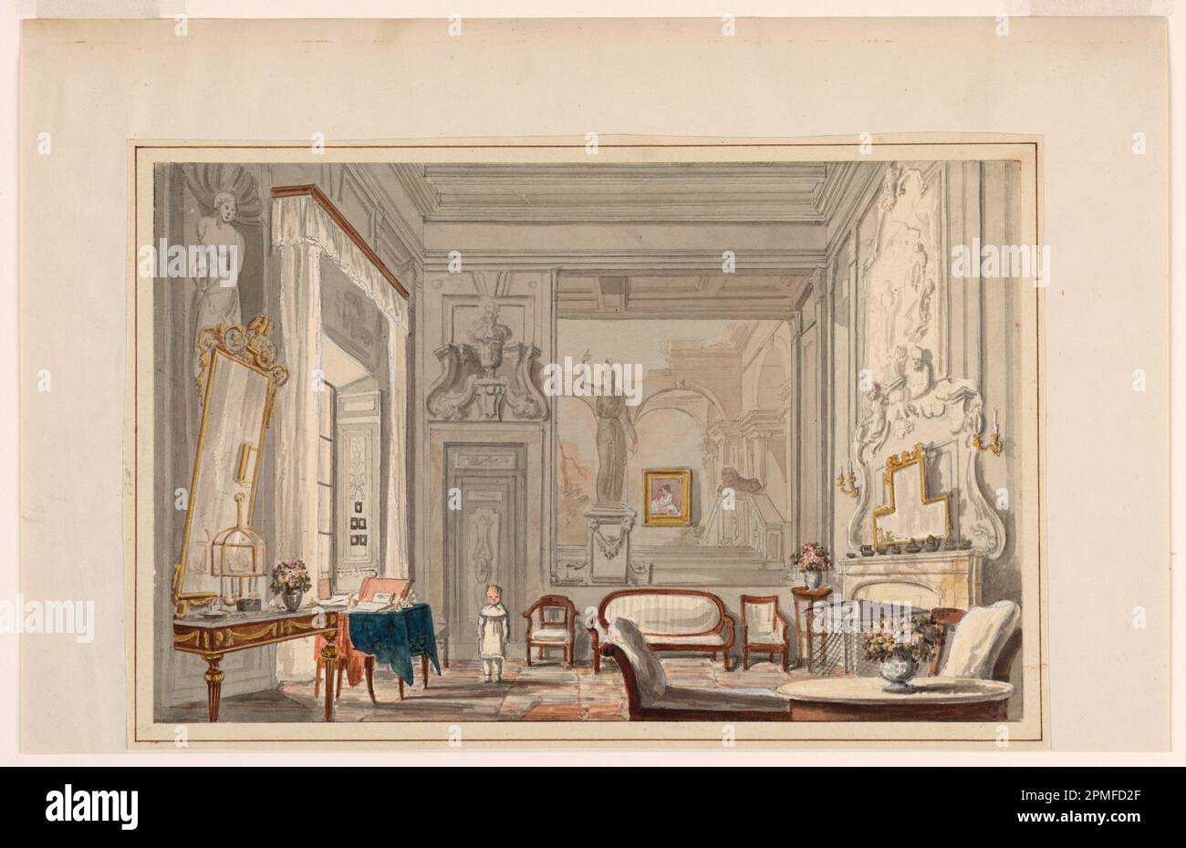 Zeichnung, Ein Zimmer in einem florentinischen Palast; Unbekannt (Italienisch); Pinsel und Aquarell, Gouache, Goldfarbe, Graphit auf weißem gewebtem Papier; Rahmen H x B x T: 39,7 x 50,2 x 2,5 cm (15 5/8 x 19 3/4 x 1 Zoll) Blatt: 17,8 x 27,9 cm (7 x 11 Zoll); Taue Sammlung; 2007-27-7 Stockfoto