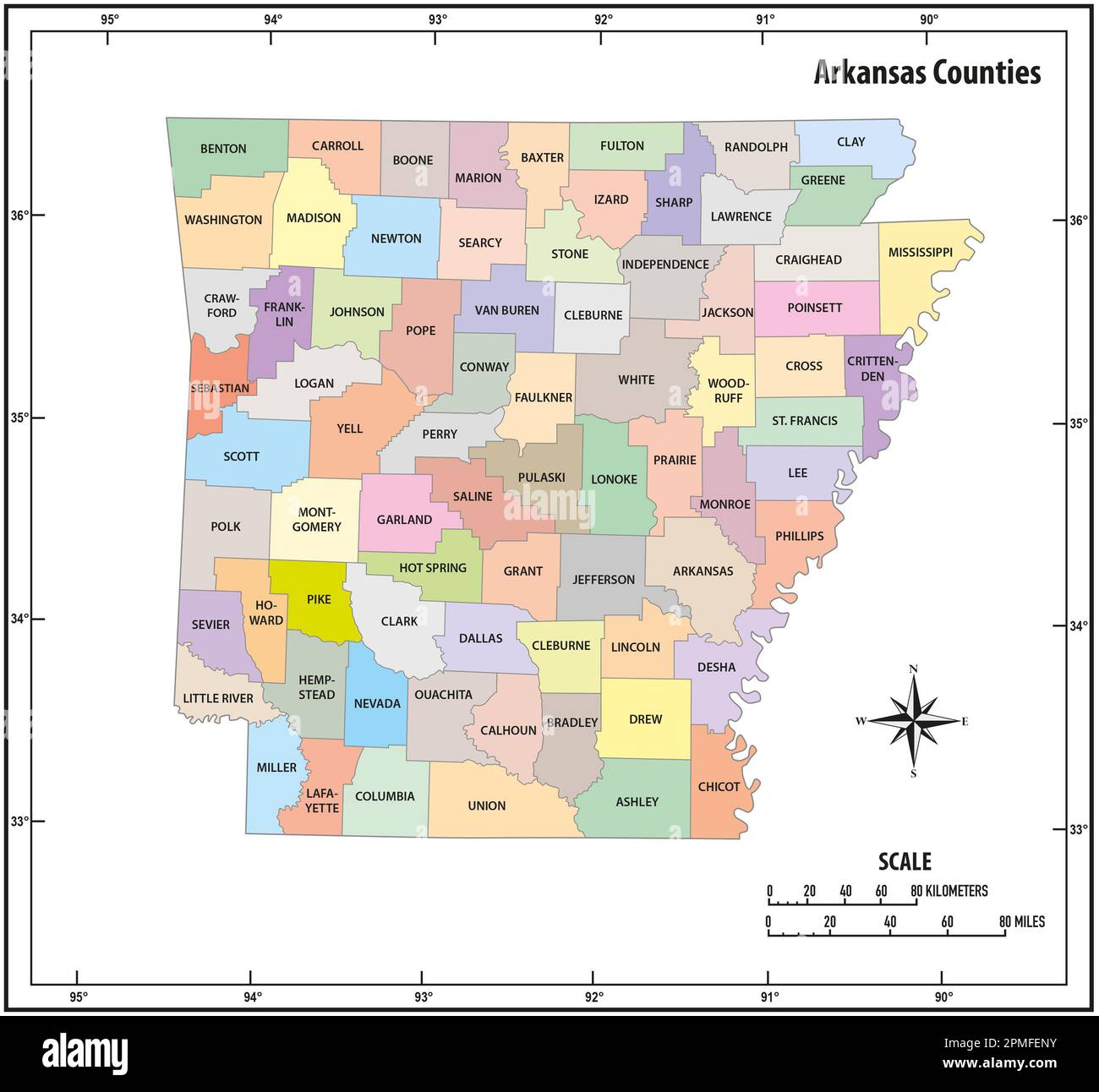 Der Bundesstaat Arkansas skizziert eine Karte administrativer und politischer Vektoren in Farbe Stockfoto