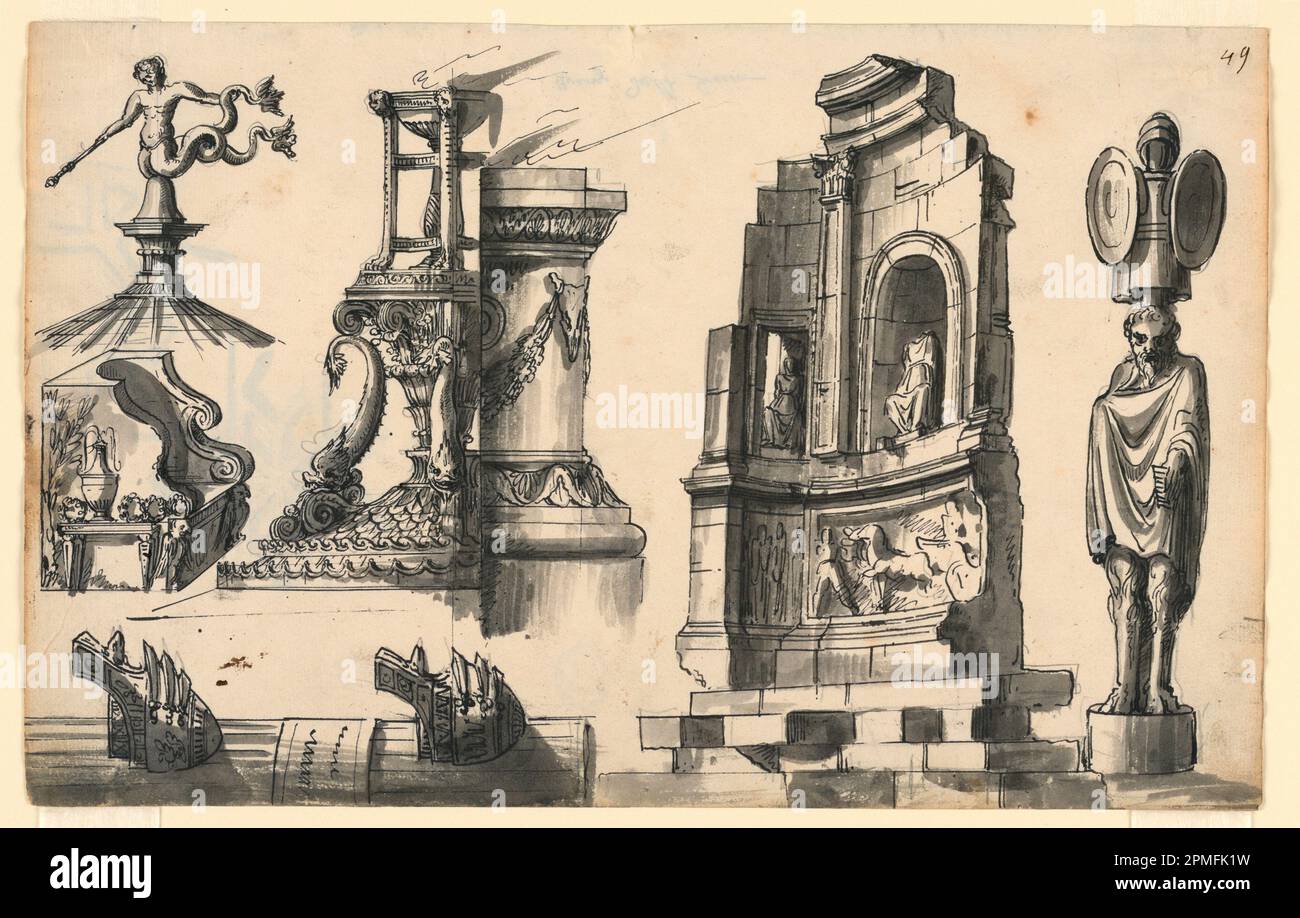 Zeichnung, architektonische Details im klassischen und pseudo-klassischen Stil; entworfen von Romolo Achille Liverani (Italienisch, 1809 - 1872); Italien; Graphit, Stift und schwarze Tinte, Pinsel und Bistre, graue Aquarelle auf Papier Stockfoto