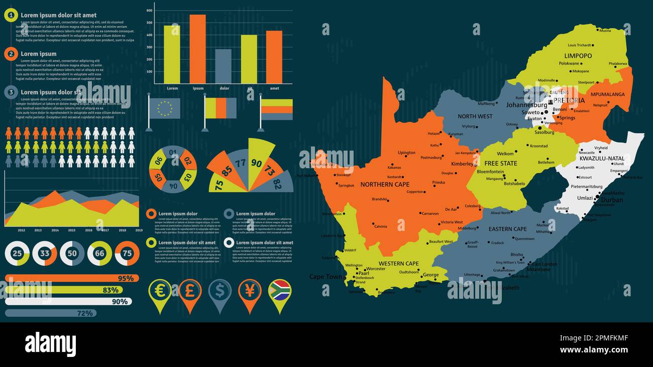 Detaillierte Karte für Südafrika mit Infografiken. Vektordarstellung. Stock Vektor