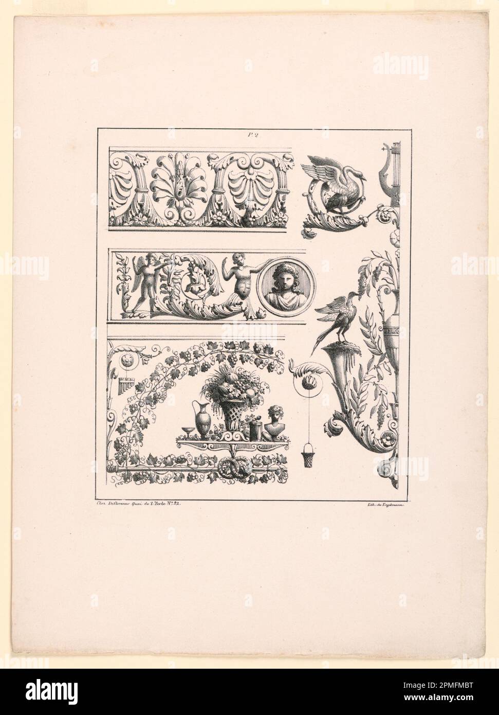 Printmedien, drei Friese und Orname; nach M[ichel?] Pourchet (1805); gedruckt von Gottfried Engelmann (1788-1839); Veröffentlicht von Desflorennes; Frankreich; Lithografiehalter: Weißes gewebtes Papier; 36,4 x 26,9 cm (14 5/16 x 10 9/16 Zoll) Platemark/REPEAT: 23,8 x 19,8 cm (9 3/8 x 7 13/16 Zoll) Matte: 45,7 x 35,6 cm (18 x 14 Zoll) Stockfoto