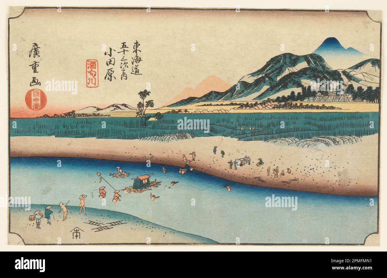 Woodblock Print, Woodblock von Tokaido Gojusan Tsugi-na Uchi (53 Stationen auf dem Tokaido); Ando Hiroshige (Japanisch, 1797 - 1858); Japan; Holzblockdruck (Ukiyo-e) auf Maulbeerpapier (Washi); Matte: 35,7 x 46 cm (14 1/16 x 18 1/8 Zoll) 22,8 x 35,6 cm (9 x 14 Zoll); 1951-166-9 Stockfoto